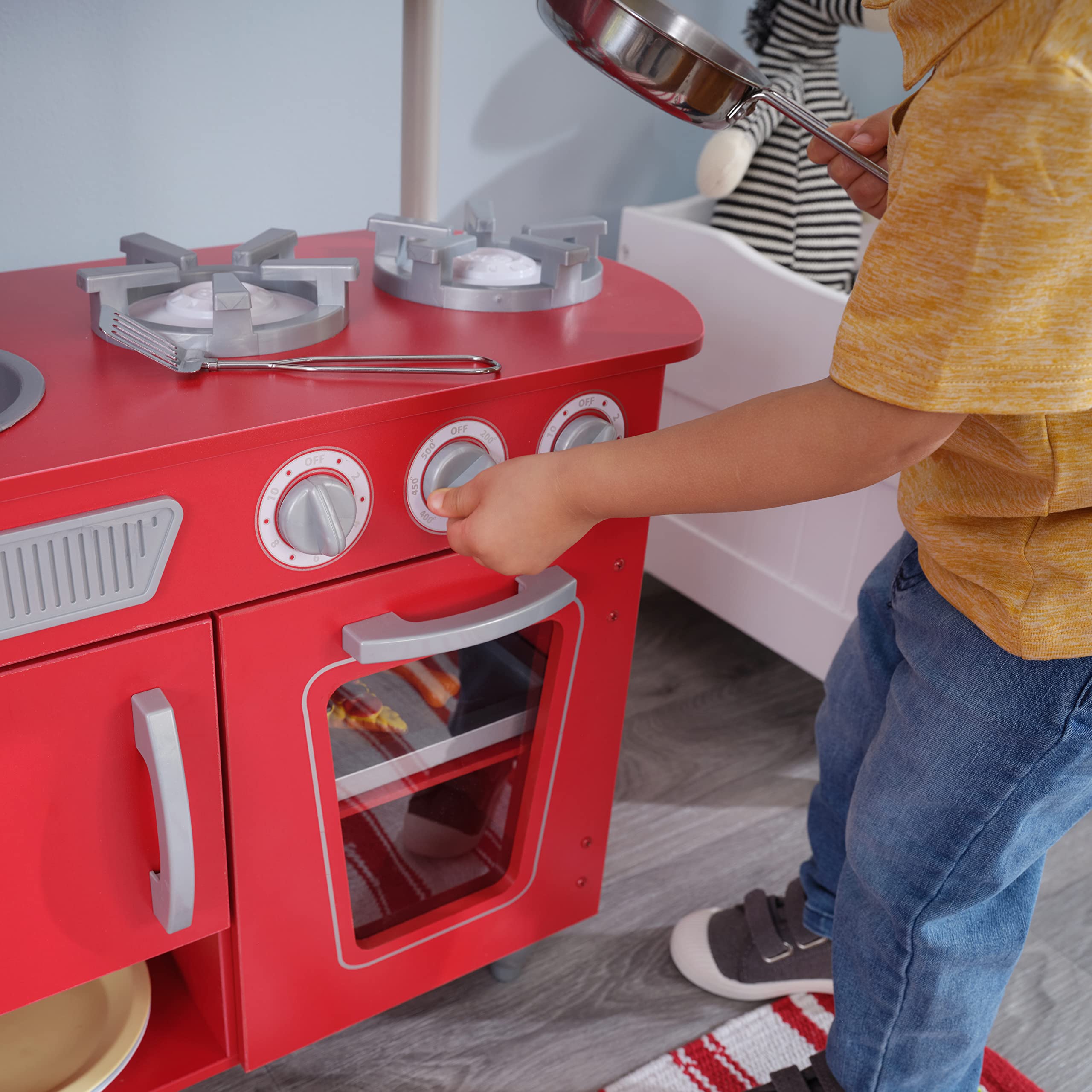 KidKraft Red Vintage Wooden Play Kitchen Set with Stainless Steel-Look Trim & Play Phone - Pretend Cooking Toy for Toddlers & Kids Ages 3+ - Perfect for Imaginative Play, Birthday Gifts & Preschool Learning