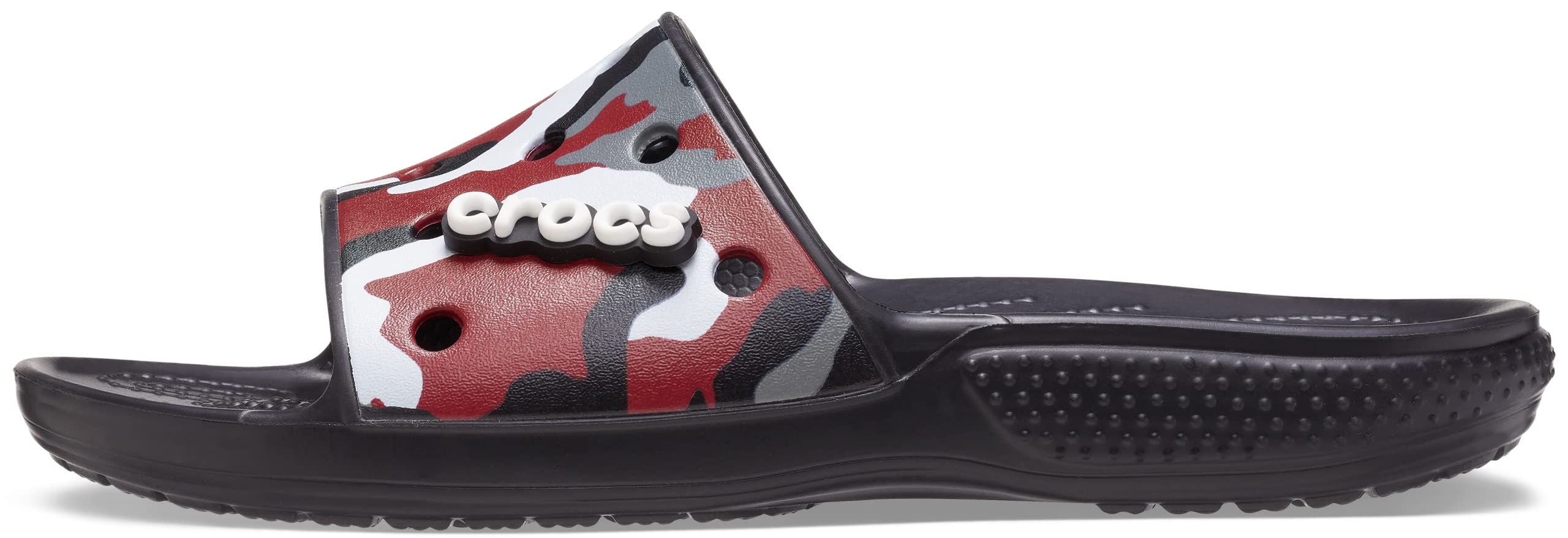 Crocs Unisex Classic Camo Slide Sandals - Comfortable Waterproof Slip-On Shoes for Men & Women, Black/Red Camouflage, Size 6 US Women - Perfect for Beach, Pool, Spa & Indoor Outdoor Wear