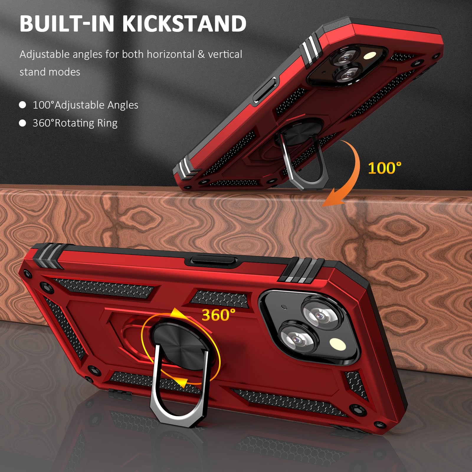 ADDIT Heavy Duty Military Grade iPhone 13 Case with Kickstand & Magnetic Car Mount - Shockproof Protective Phone Cover for iPhone 13 (Red) - Perfect for Outdoor Activities, Travel & Daily Use