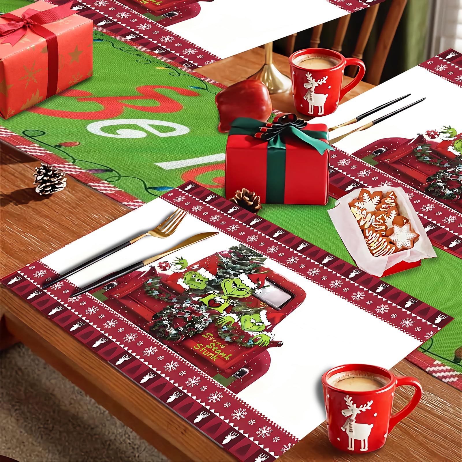 Christmas Table Runner and 4-Piece Placemats Set - 13x72 Inch Believe Themed Holiday Decor with 12x18 Inch Green Elf Placemats - Perfect for Festive Dining Table, Kitchen Decorations, Holiday Parties & Christmas Home Decor (Green)