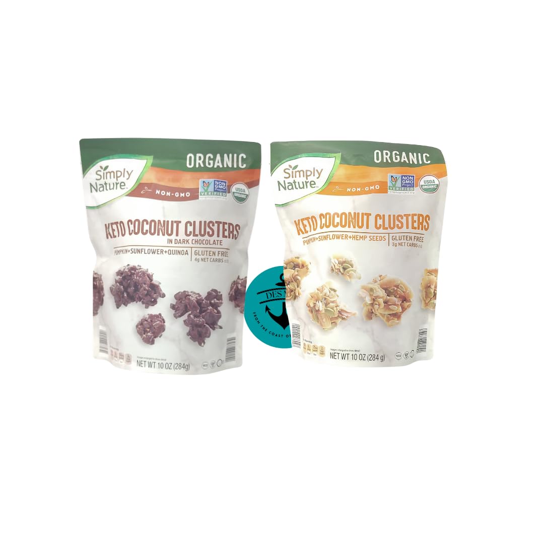 Simply Nature Keto Coconut Clusters Combo Pack - 10oz Pumpkin Sunflower Hemp Seed Snacks & 10oz Dark Chocolate Quinoa Clusters | Low Carb Gluten Free Healthy Snacks for Weight Loss, Office, Travel & On-The-Go Lifestyle