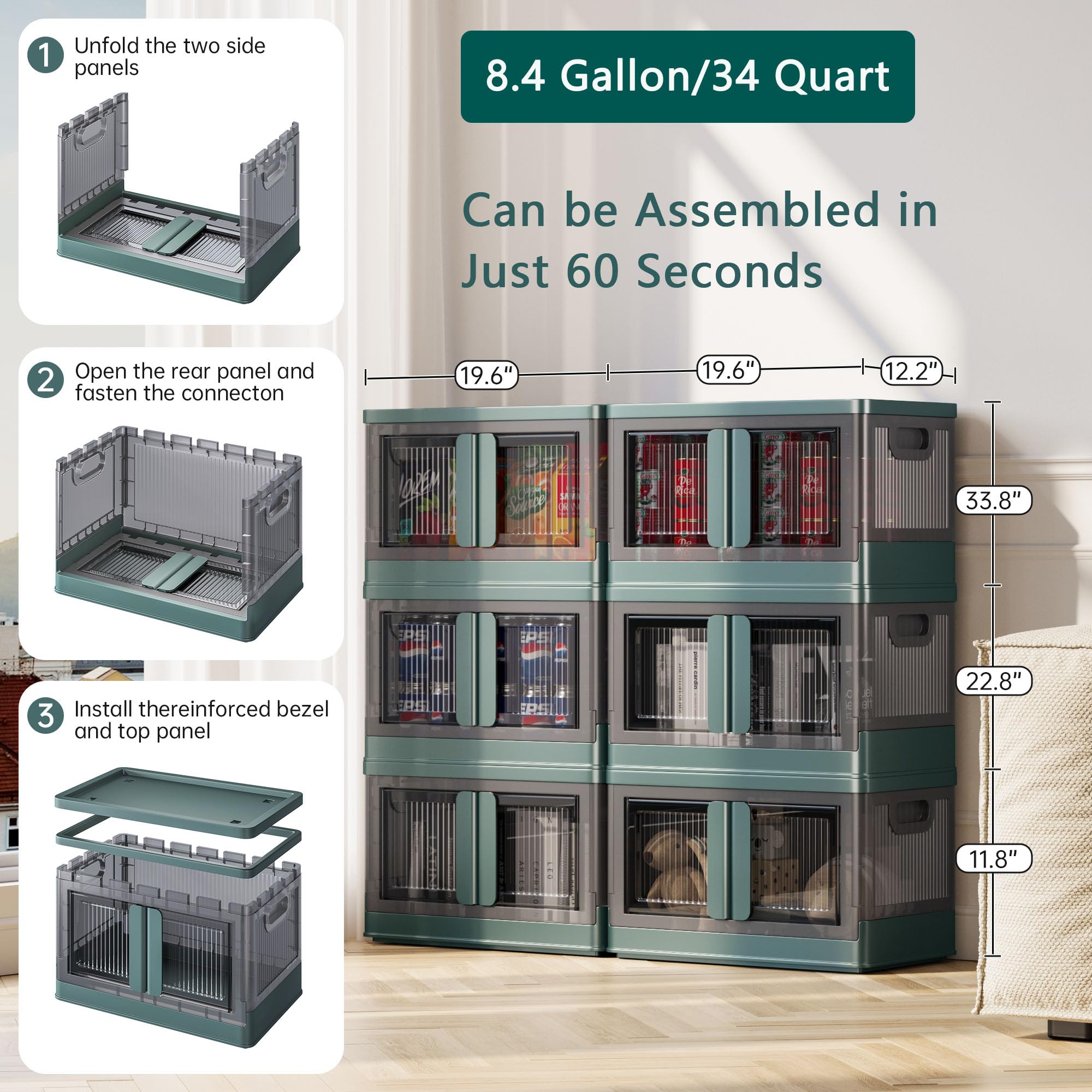 8.4 Gallon Collapsible Storage Bins with Lids (6 Pack) - Stackable Plastic Storage Cabinet with Doors & Wheels for Home Organization - Perfect for Closet, Garage, Office & Kids Room Storage Solutions