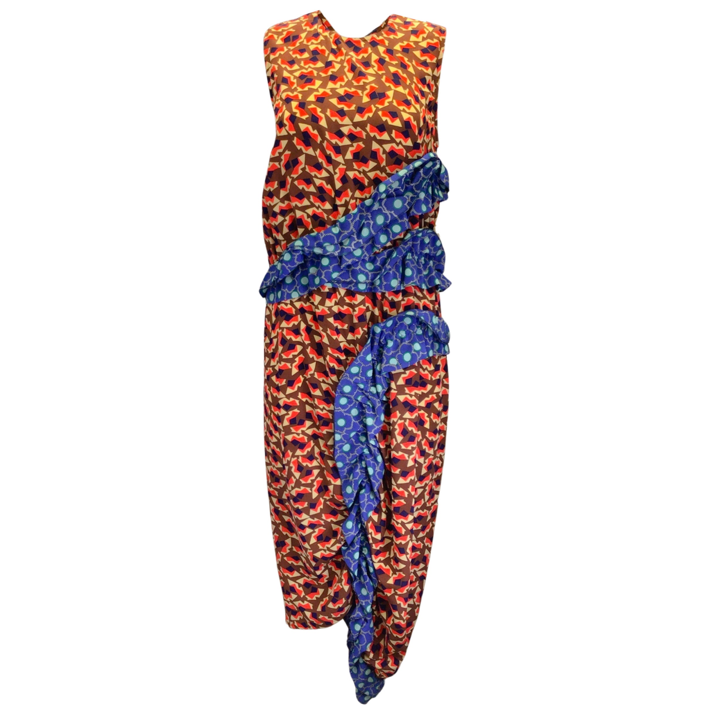 Marni Women's Red & Blue Multi Metropolis Print Sleeveless Silk Crepe Midi Dress - Elegant Summer Party & Cocktail Wear