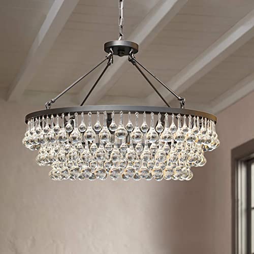 Celeste Glass Drop Crystal Chandelier - Elegant Adjustable Ceiling Light Fixture with Black Finish | Flush Mount or Hanging Pendant Light for Dining Room, Living Room & Bedroom Decor
