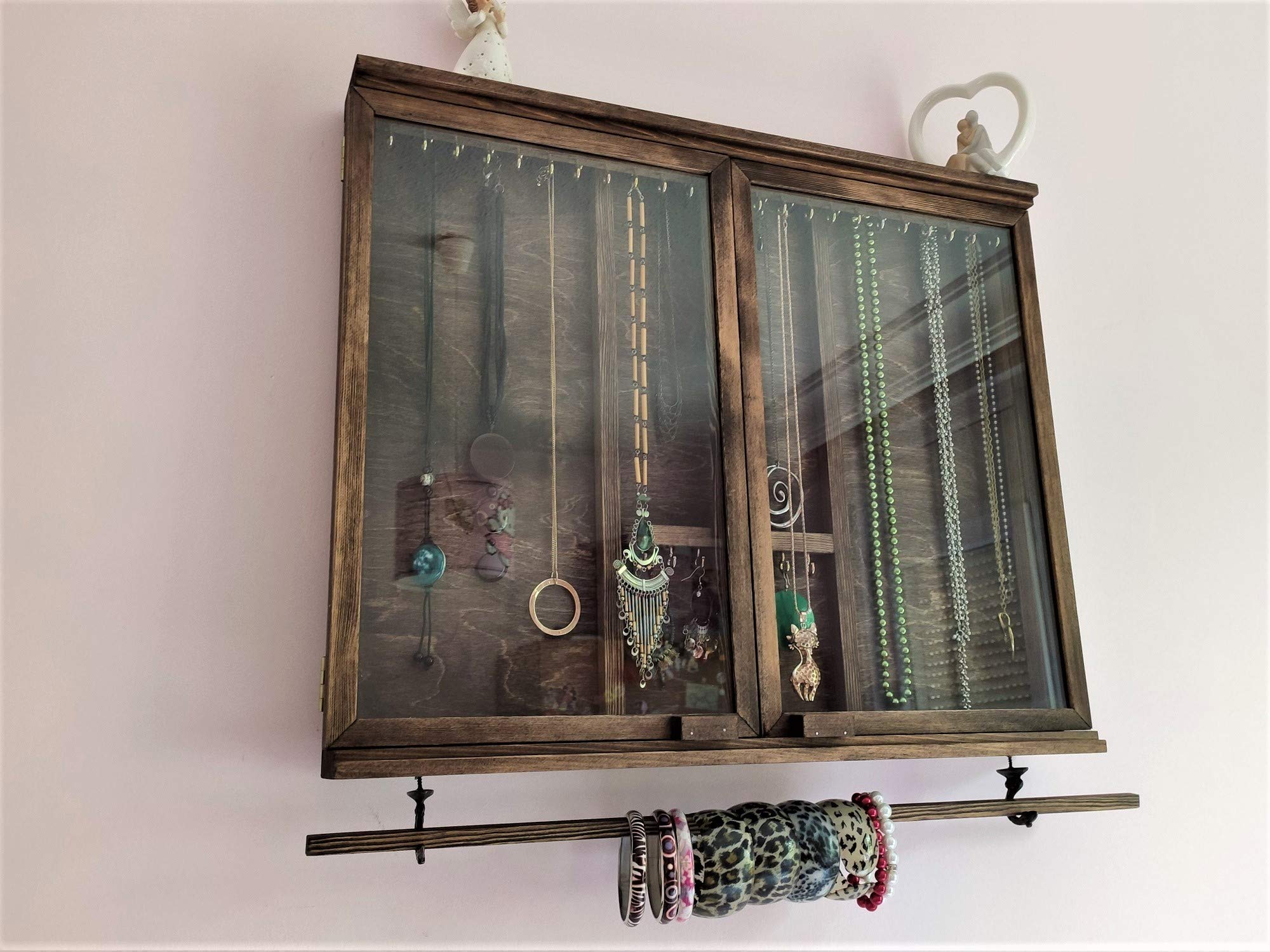 Large Solid Wood Jewelry Cabinet with Glass Door - Wall Mounted Earring Organizer & Necklace Display - Perfect for Bracelets, Rings & Jewelry Storage - Elegant Chocolate Finish - Ideal for Bedroom, Closet or Dressing Room Organization