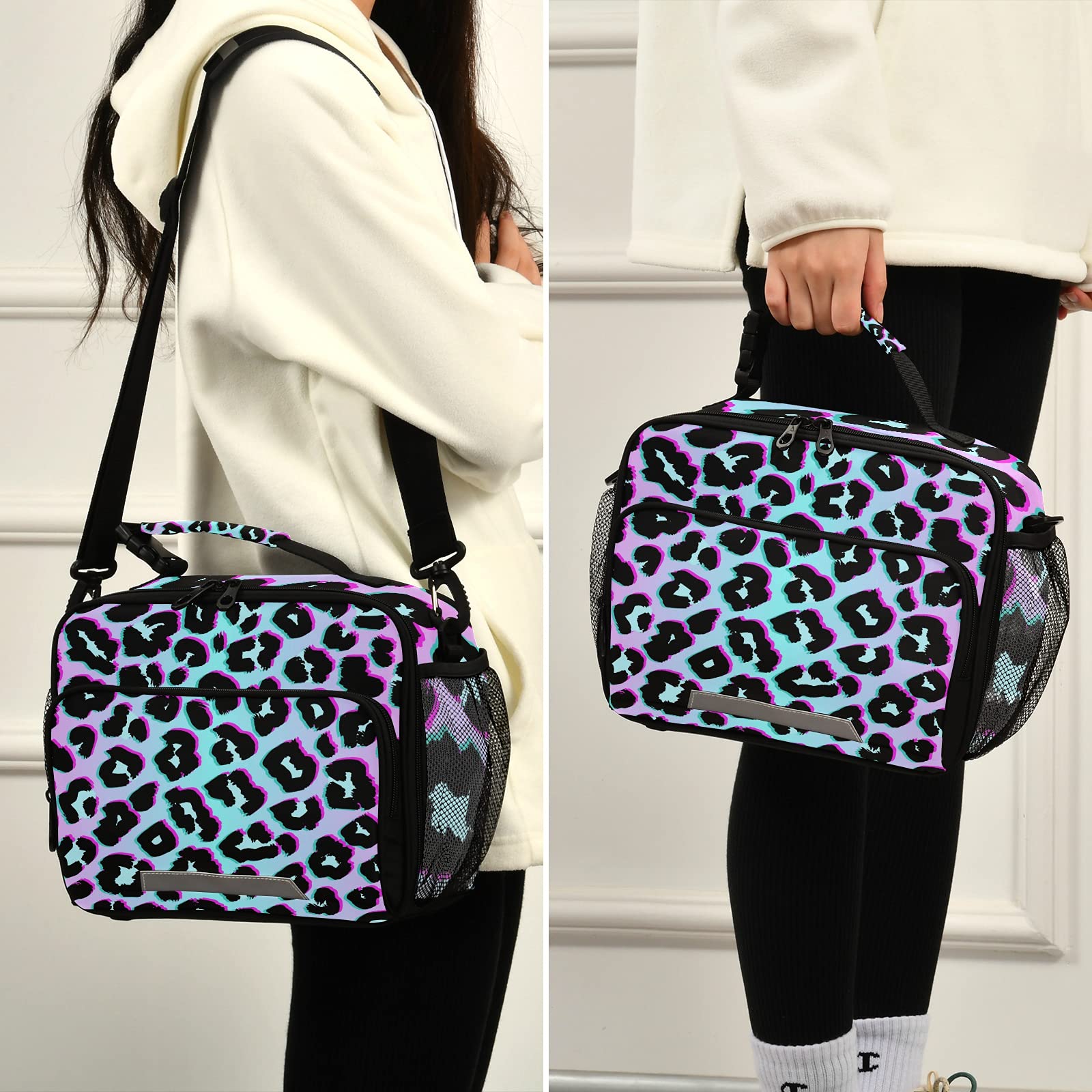 Insulated Lunch Bags for Kids - Leopard & Rainbow Print Thermal Cooler Box with Shoulder Strap - Water-Resistant School Lunch Box for Boys & Girls - Perfect for School, Picnics & Outdoor Activities