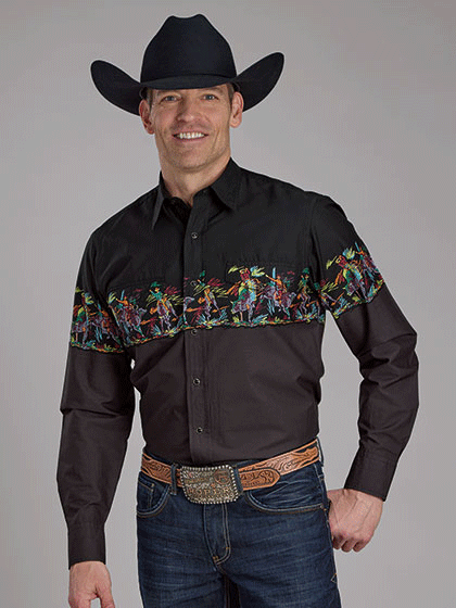 Vintage Style Border Print Long Sleeve Shirt for Men - Black Roper Western Shirt | Casual Wear & Cowboy Themed Outfits