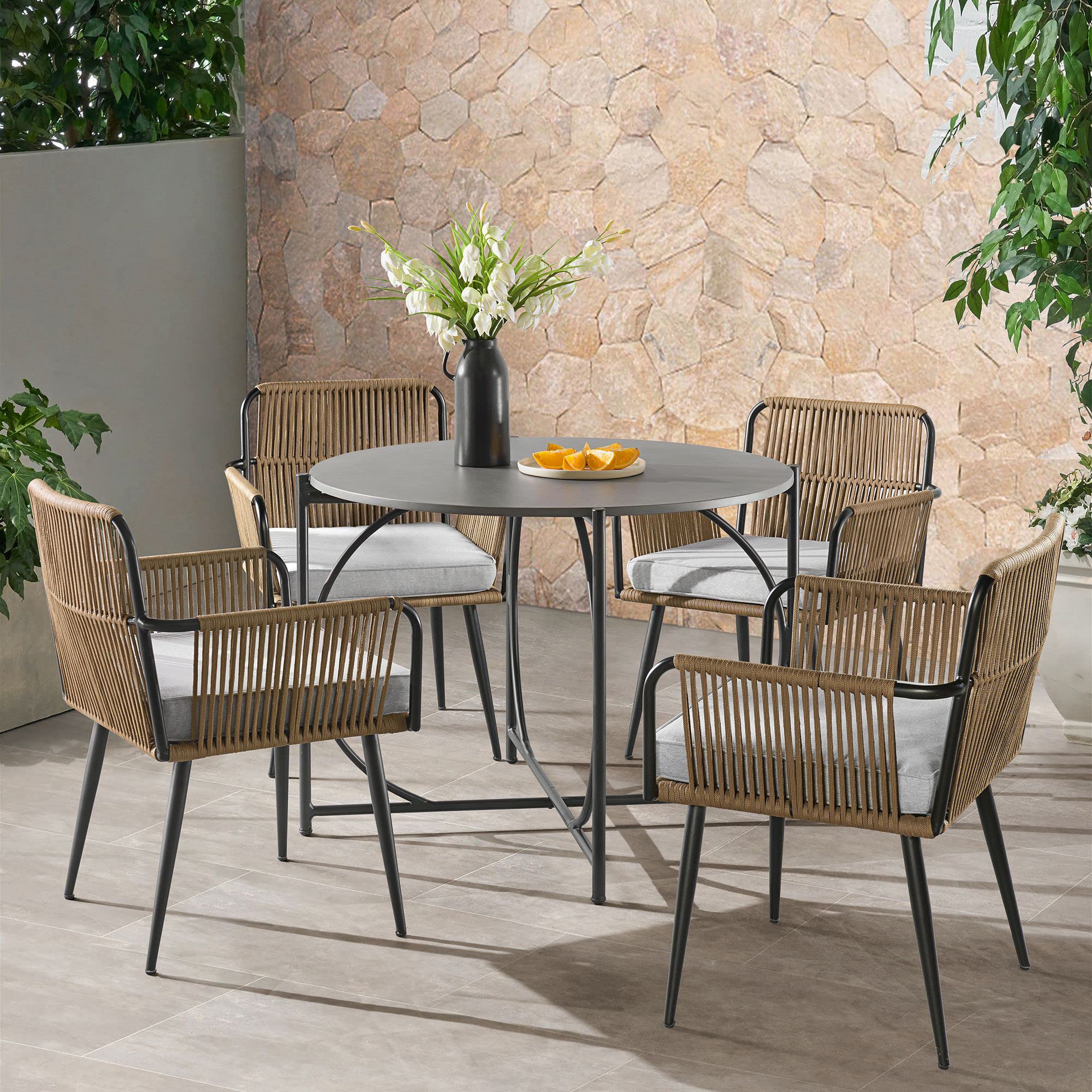Alburgh All-Weather Outdoor Bistro Set - 4 Mixed-Material Rope Chairs with Cushions & 30-inch Weather-Resistant Table - Perfect for Patio, Garden, Poolside & Backyard Dining