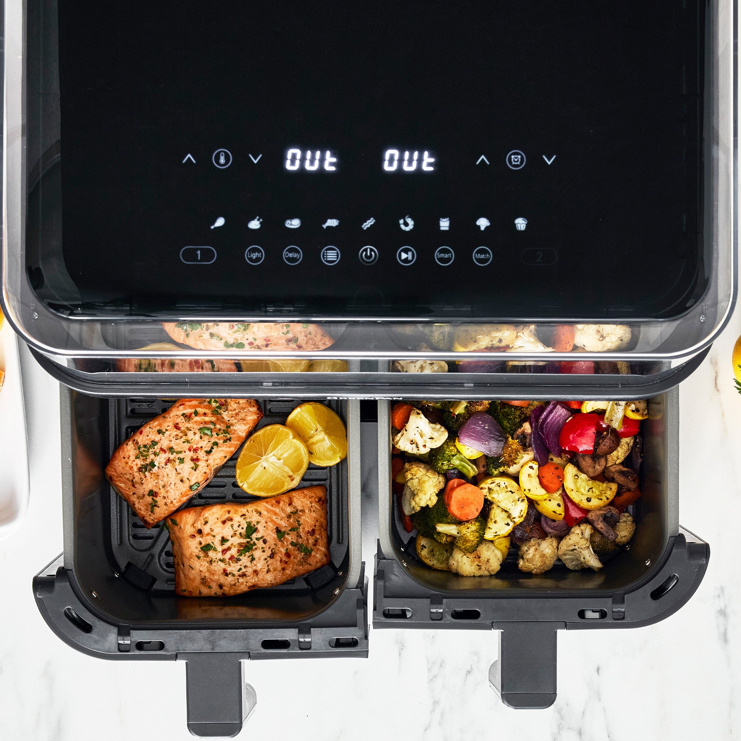 Bistro 10 Quart 360˚ Clear View Double Air Fryer - Large Capacity, Digital Touchscreen, Healthy Cooking for Family Meals, Snacks & Party Foods | Perfect for Roasting, Baking, Grilling & Reheating