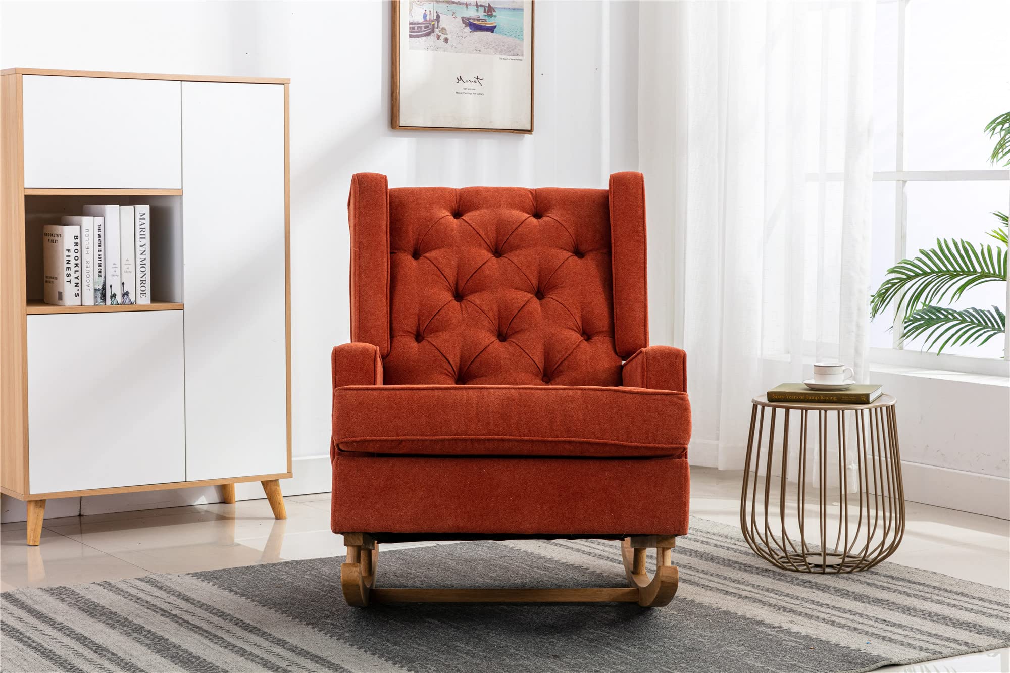 SSLine Upholstered Solid Wood Rocking Chair - Mid-Century Modern Comfortable Nursery Glider Rocker for Living Room, Bedroom & Office - Perfect for Relaxing, Nursing & Reading (Orange)