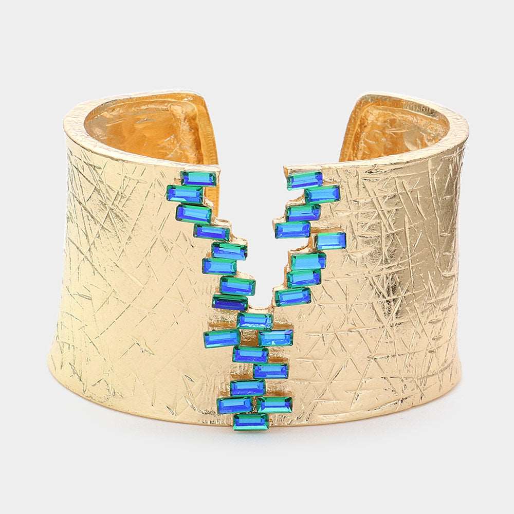 Blue Baguette Stone Pointed Textured Metal Cuff Bracelet for Women | Elegant Boho Jewelry for Parties, Weddings & Everyday Wear