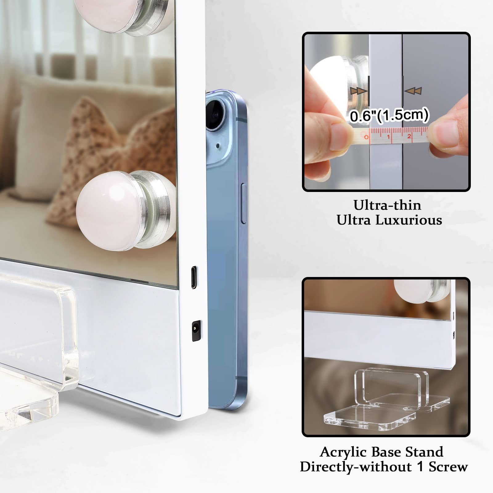 COOLJEEN 32x24 Inch Ultra-Thin Hollywood Vanity Mirror with 18 LED Lights, Selfie Remote Control & Magnetic Phone Holder - Large Wall Mount or Tabletop Makeup Mirror for Dressing Room, Bedroom, and Professional Makeup Studio