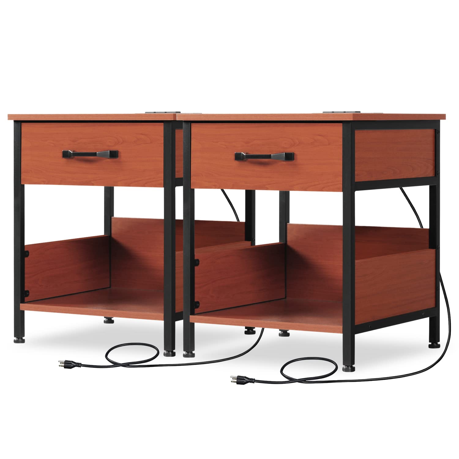 GBU Nightstands Set of 2 with USB Charging Station - Industrial Style Bedside Tables with Drawer & Storage Shelf for Bedroom | Perfect for Small Spaces, Guest Rooms & Modern Home Decor