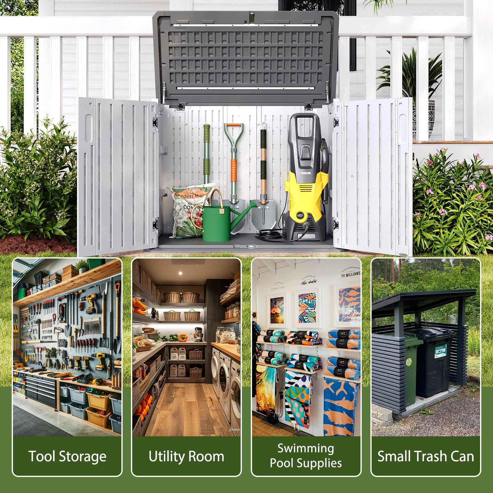 **Aoxun 35 Cu.Ft Outdoor Storage Cabinet – Waterproof Horizontal Trash Can Shed for Garbage Bin, Generator & Lawn Mower – Perfect for Backyard, Patio & Garage Organization (White)**