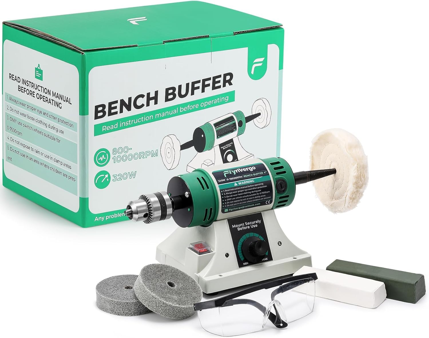 Variable Speed Bench Buffer & Jewelry Polisher - Adjustable RPM with 2 Cotton Wheels, 2 Fiber Wheels, Drill Chuck & Polishing Kit - Perfect for Metal Polishing, Jewelry Making & DIY Crafts