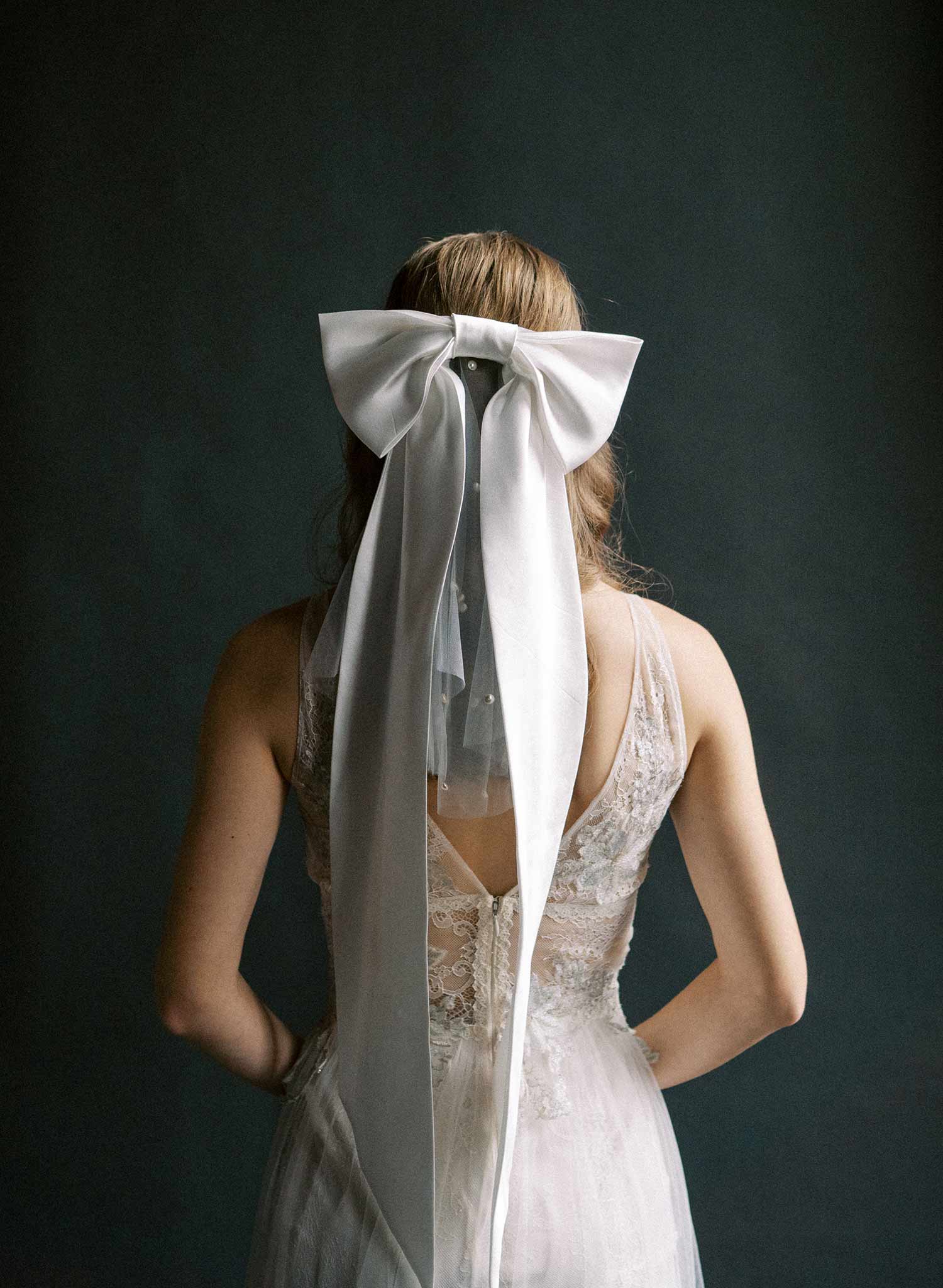 Elegant Silk Wedding Hair Bow with Long Tails & Pearl Mini Veil - Style #2575 | Perfect for Bridal Accessories, Bridesmaids & Special Occasions