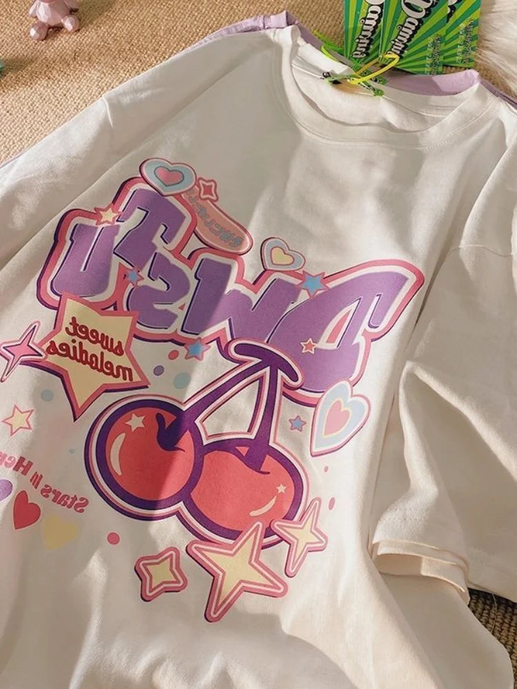 Cartoon Fruit Print Women's T-Shirt - Cute Oversized Y2K Harajuku Style Short Sleeve Tee for Women & Girls | Perfect for Casual Wear, Street Fashion & Retro Outfits