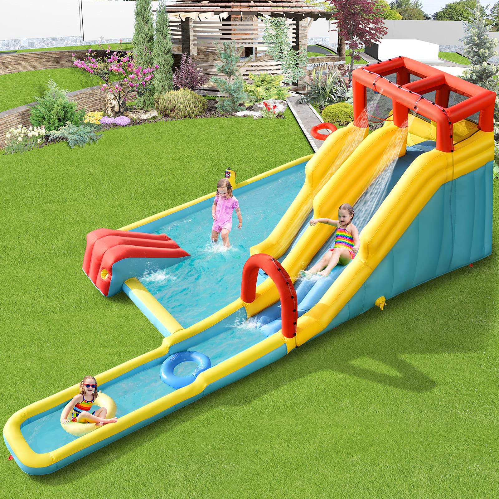 **BOUNTECH 20.5x11FT Inflatable Water Slide for Kids & Adults - Dual Racing Slides, Splash Pool, 680W Blower - Backyard Outdoor Party Fun, Summer Gifts for Big Kids & Family Gatherings**