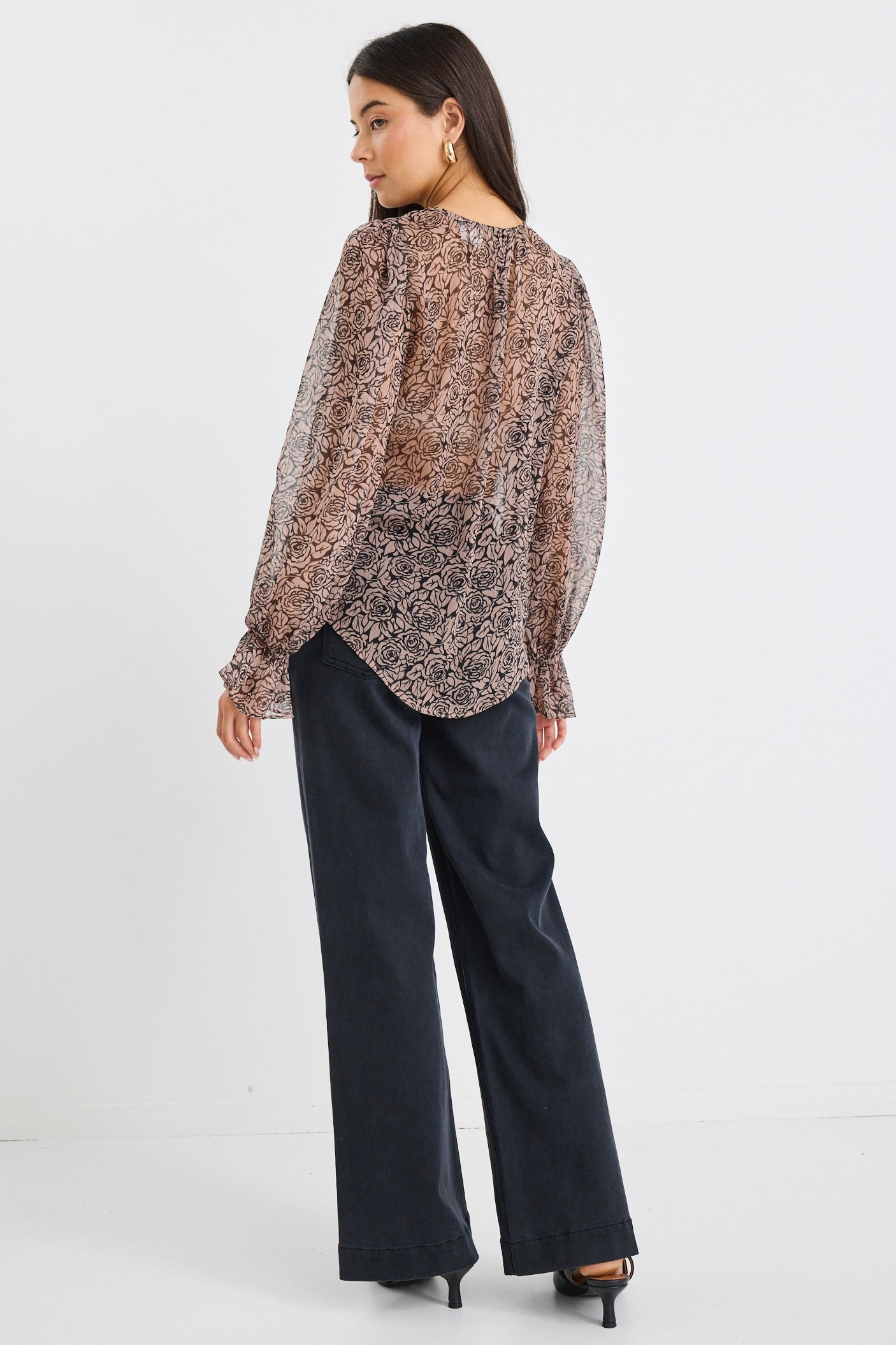 Black Taupe Roses Georgette Blouson Sleeve Long Sleeve Top for Women | Elegant Floral Blouse for Office, Date Night & Special Occasions