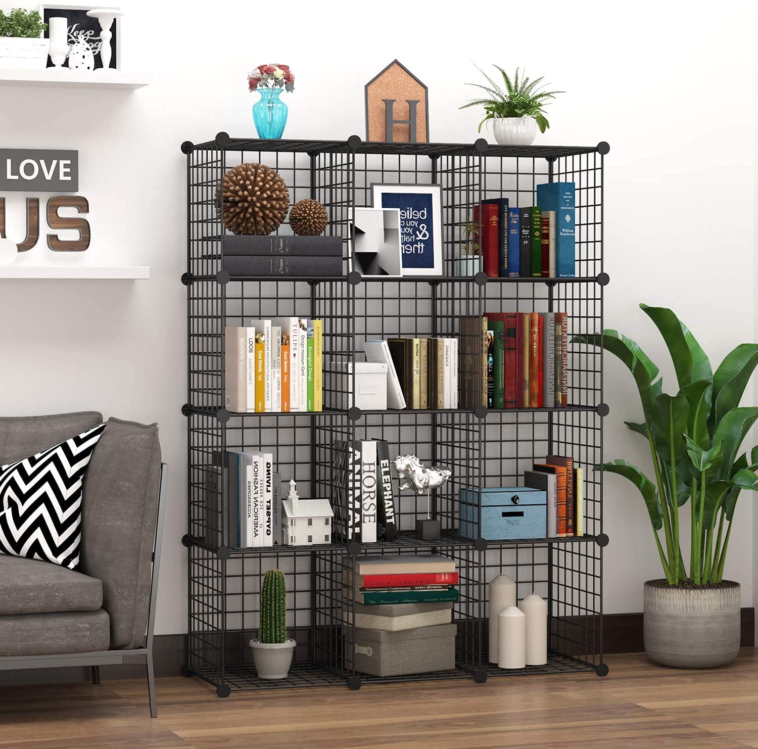 C&AHOME 12-Cube Wire Storage Organizer - Metal Grid Shelving Unit, Modular Bookshelf & Closet Cabinet for Bedroom, Office - 36.6”L x 12.4”W x 48.4”H Black | Perfect for Organizing Clothes, Toys, Books & Home Decor