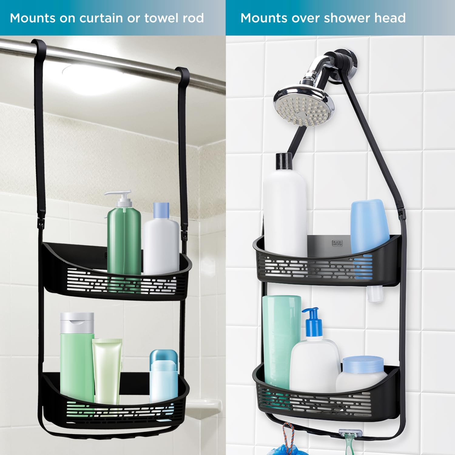 BLACK+DECKER 2-Way Convertible Hanging Shower Caddy with Anti-Swing Design - Adjustable Arm Over The Door Organizer with Loofah & Razor Hooks - Perfect for Storing Large & Small Bottles, Toiletries & Bath Accessories - Ideal for Bathroom Organization & Space Saving