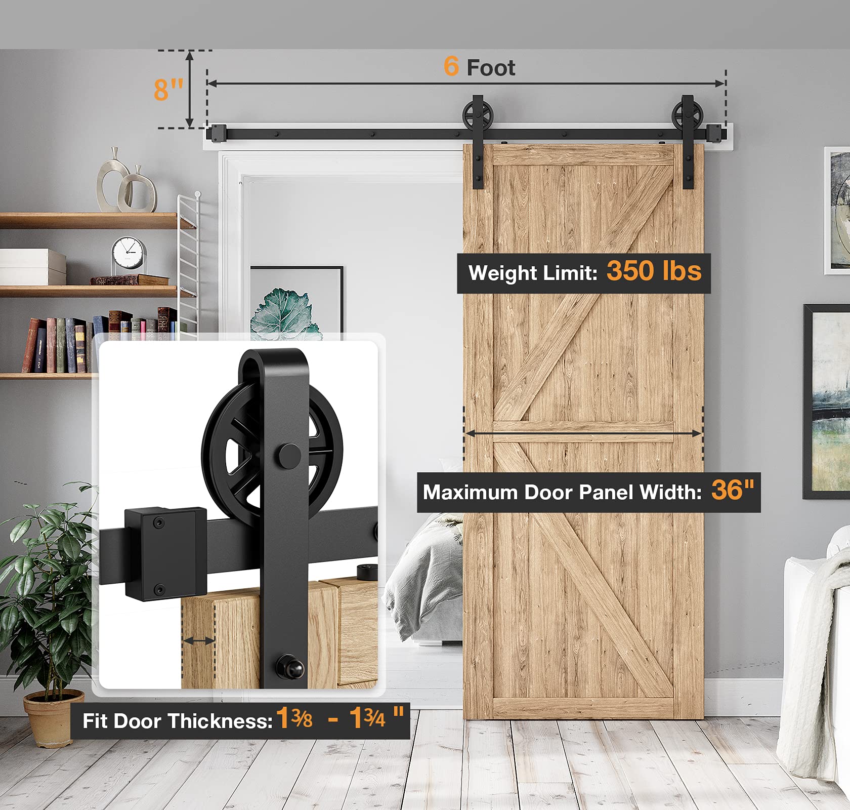 6FT Heavy Duty Sliding Barn Door Hardware Kit - Industrial Black Big Wheel J Hangers for Wood Single Doors (Fits 1 3/8