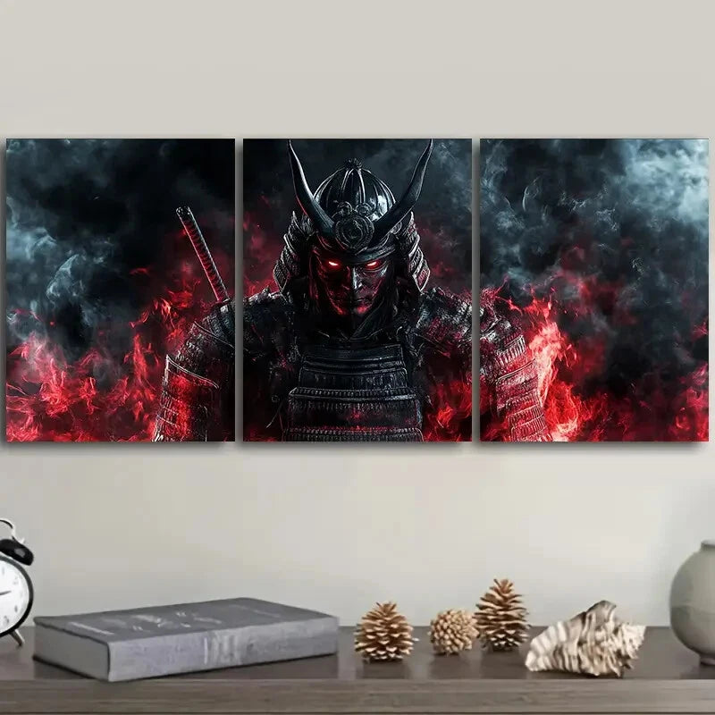 3-Piece Metal Wall Art Print - Crimson Warrior with Black Horns - Ready to Hang - Gothic Home Decor for Living Room, Bedroom, or Office
