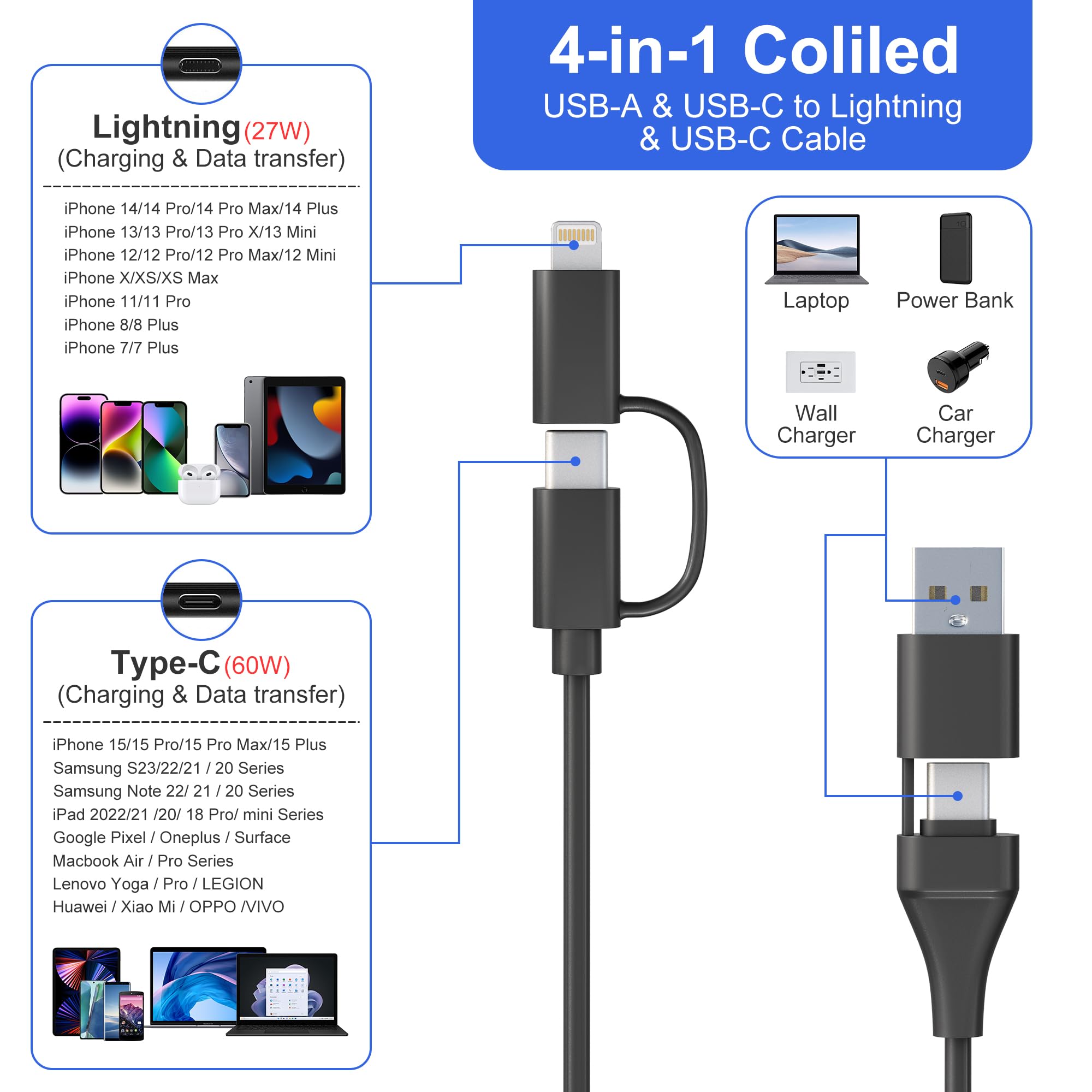 4-in-1 USB C & Lightning Charging Cable 60W PD Fast Charge with MFi Certification - Short Coiled Cable for iPhone 15/14, Android, iPad, Laptop - Supports CarPlay & Android Auto - Perfect for Car, Home & Office Charging