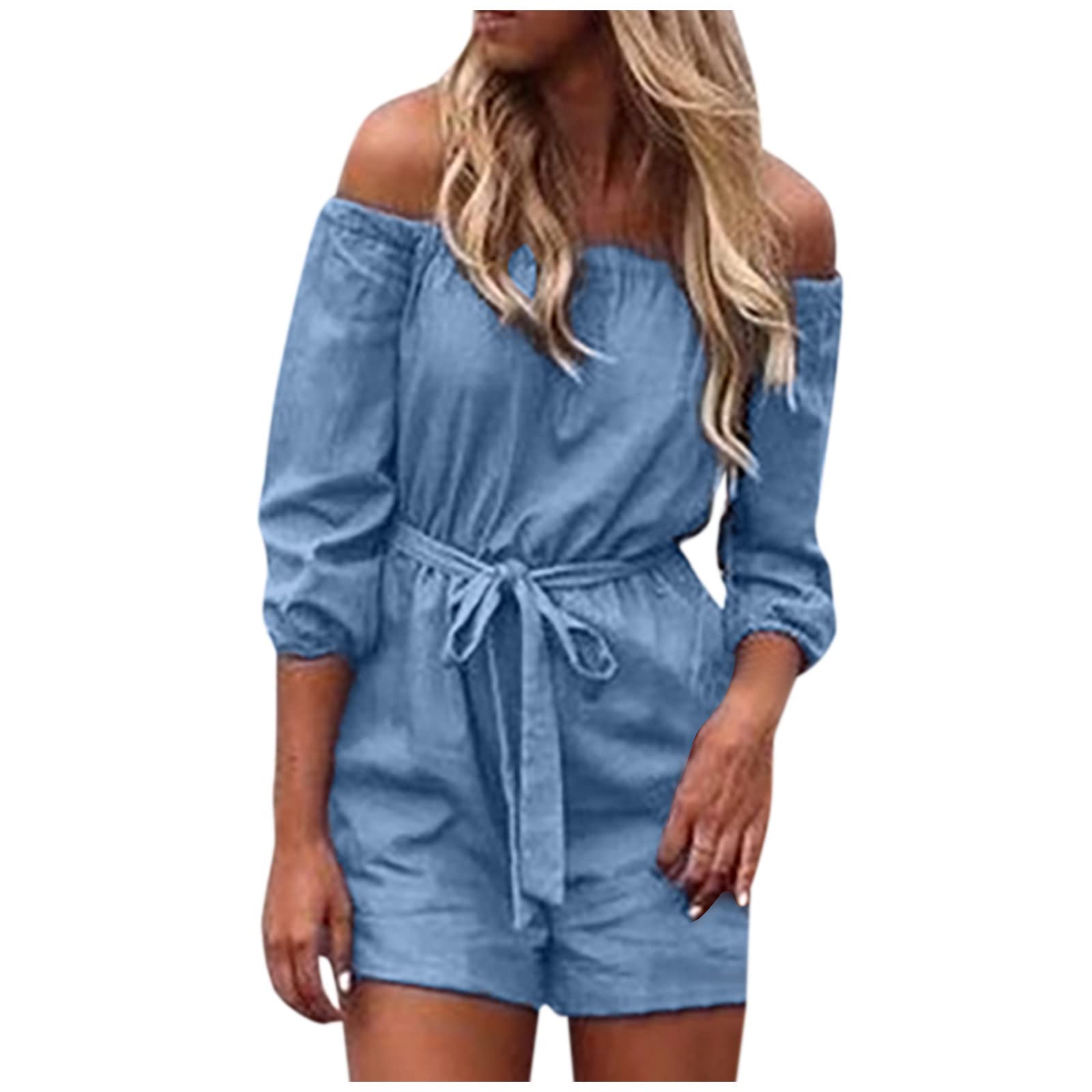Strapless Denim Jumpsuit for Women - Stretchy Puff Sleeve Off Shoulder Romper with Shorts | Blue Jean Overalls One Piece | Perfect for Summer Outings, Beach Vacations & Casual Street Style