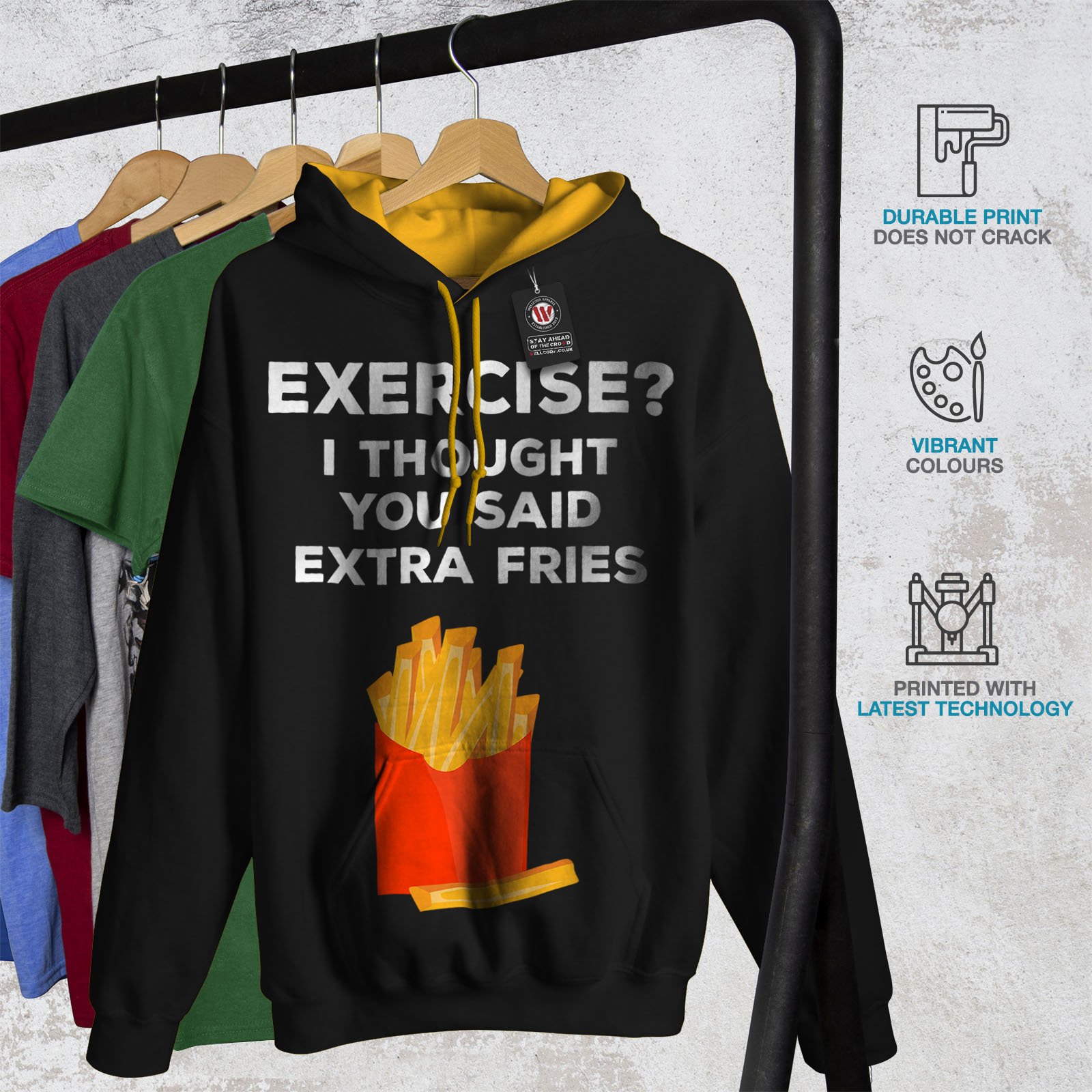 Wellcoda Men's Contrast Hoodie with Extra Fries Print - Funny Pun Hooded Jumper for Gym, Workout & Casual Wear