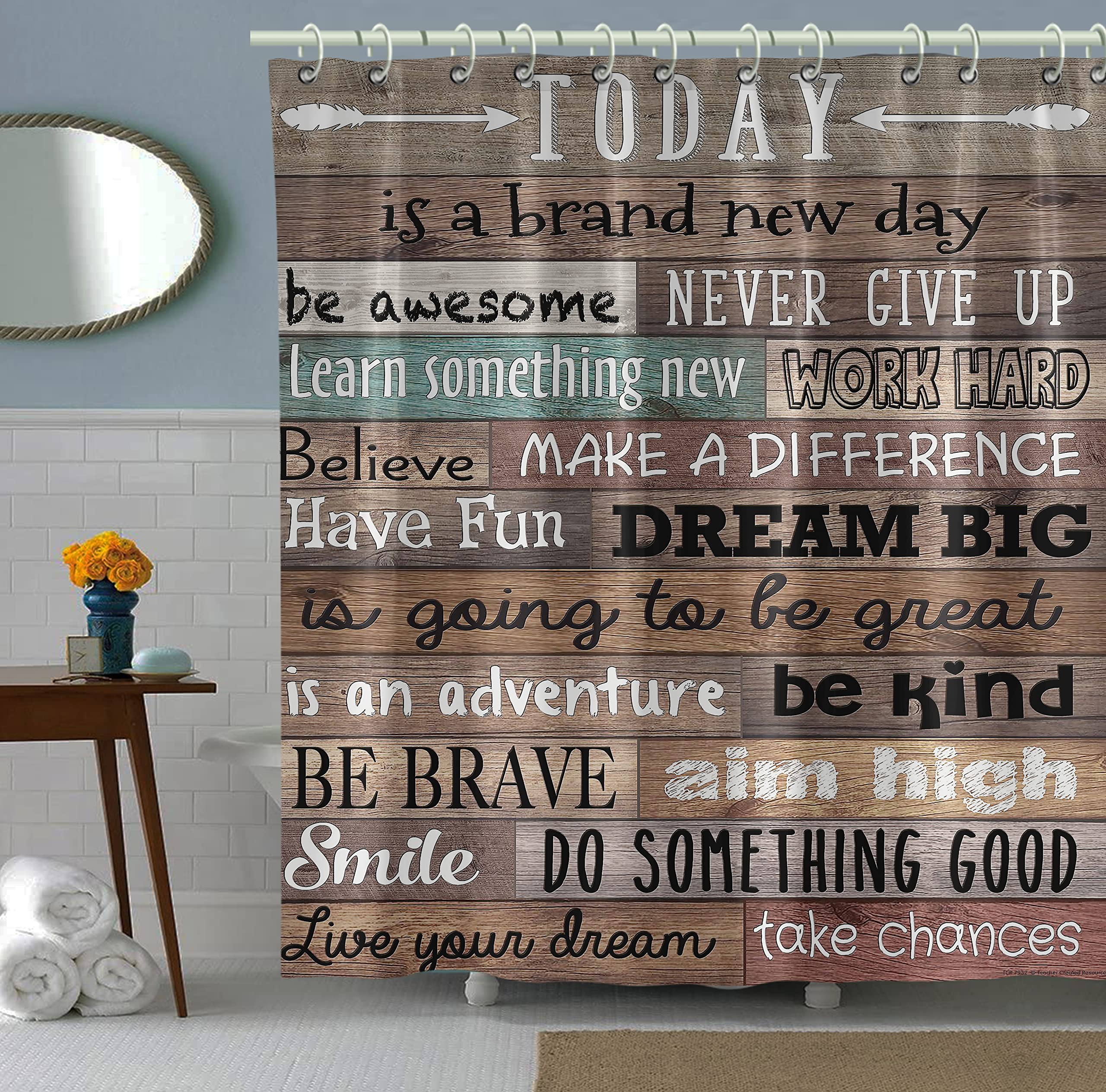 4-Piece Motivational Quote Bathroom Set - Shower Curtain, Bath Mat, Toilet Cover & 12 Hooks | Waterproof Bathroom Decor for Home & Apartment | Perfect for Modern Bathrooms & Guest Baths