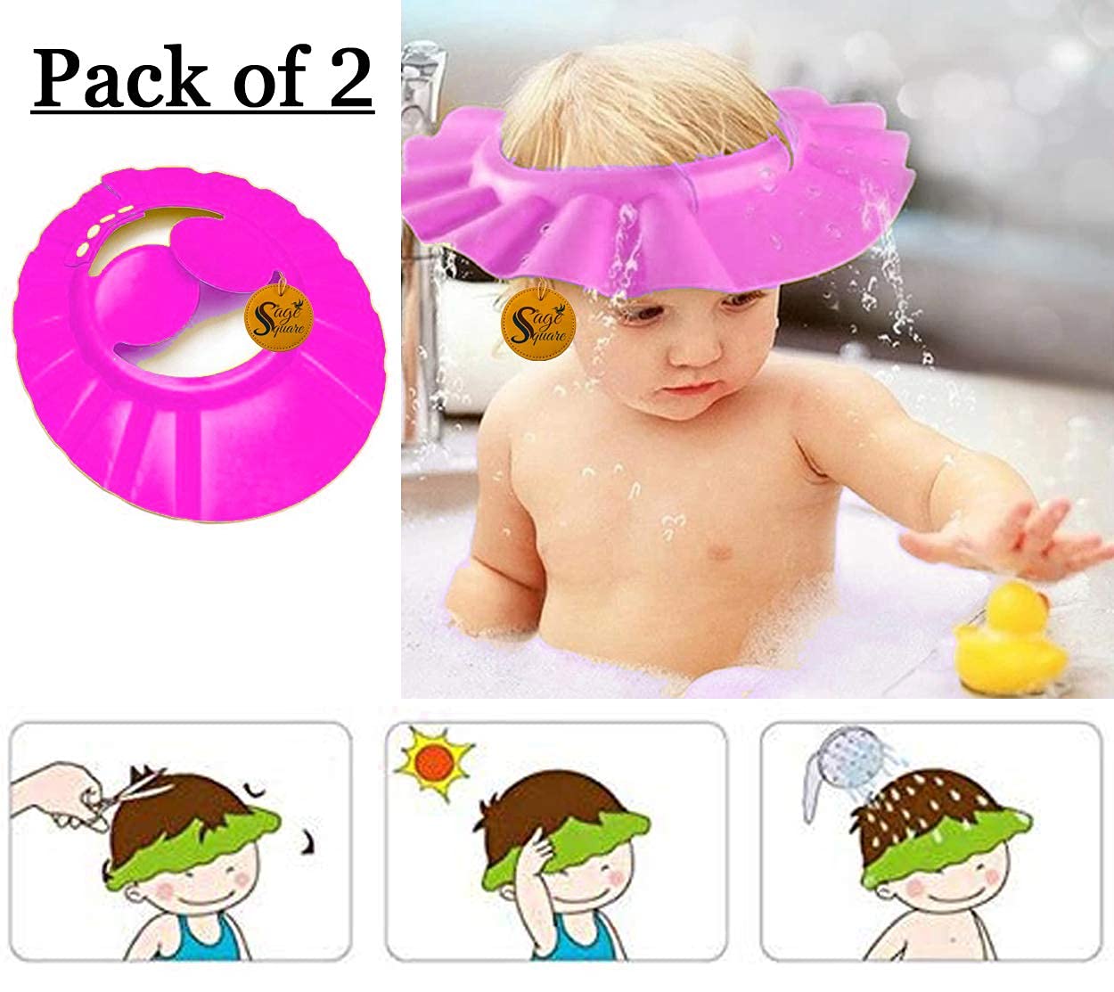 Sage Square Adjustable Baby Shower Cap with Soft Ear Protector - Waterproof Bathing Hat for Infants & Toddlers (Pink, Pack of 2) - Perfect for Sensitive Ears During Hair Wash & Bath Time