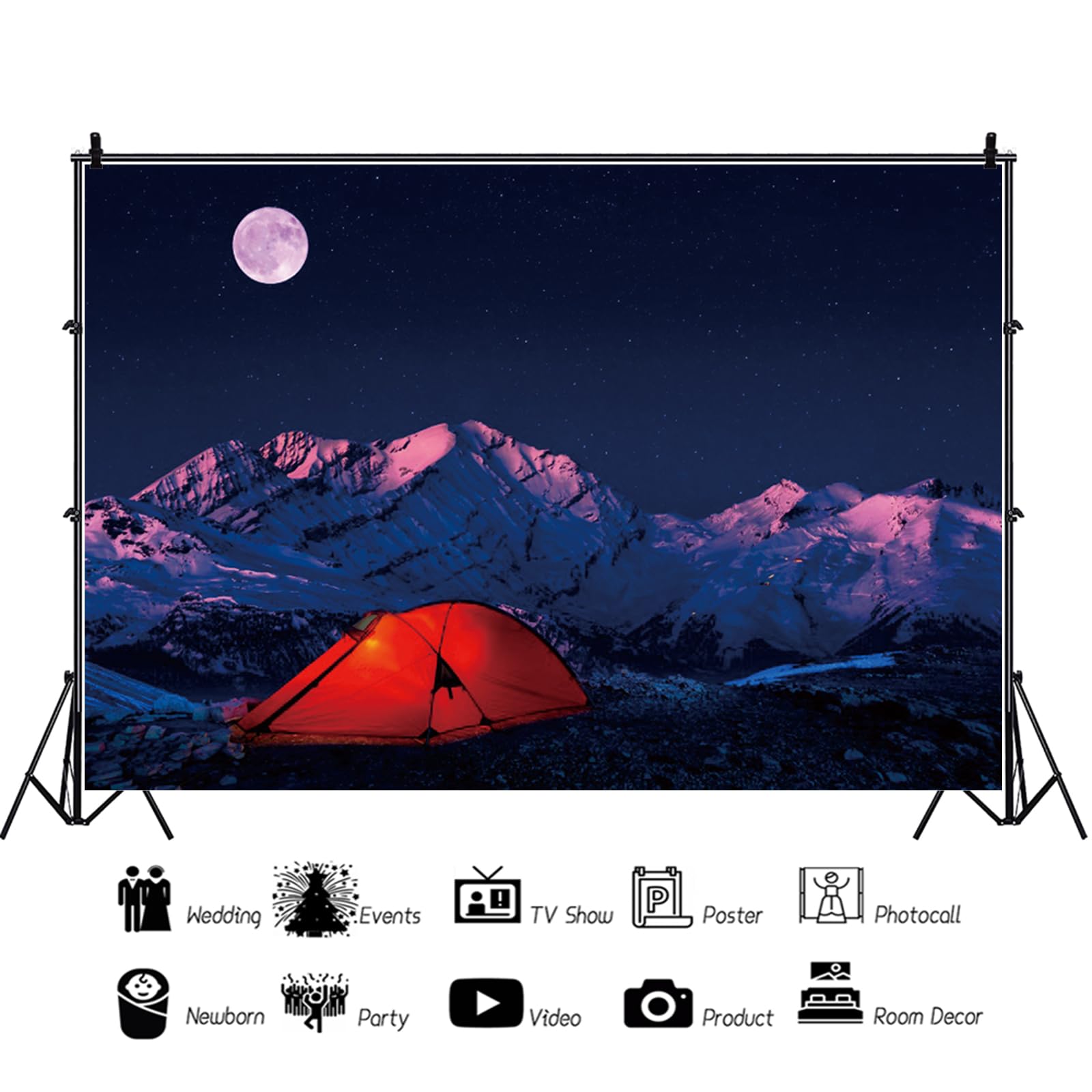 20x10ft Camping Backdrop - Snow Mountain Night Scene Photography Background with Red Tent & Moon for Outdoor Adventure, Hiking Camping Party, Photo Studio Props | Perfect for Social Media, YouTube Videos, and Themed Events