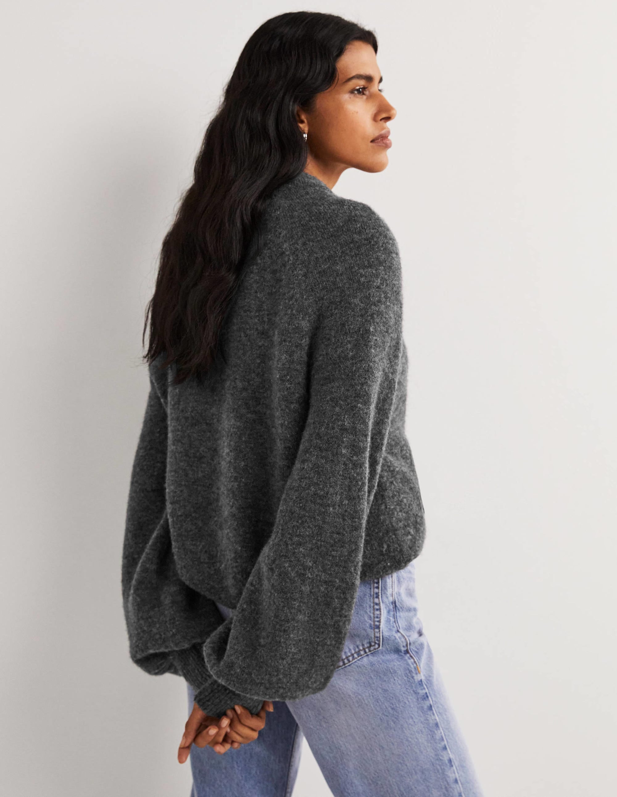 Cozy Fluffy Sweater with Blouson Sleeves in Charcoal Melange - Perfect for Winter Layering & Casual Outfits