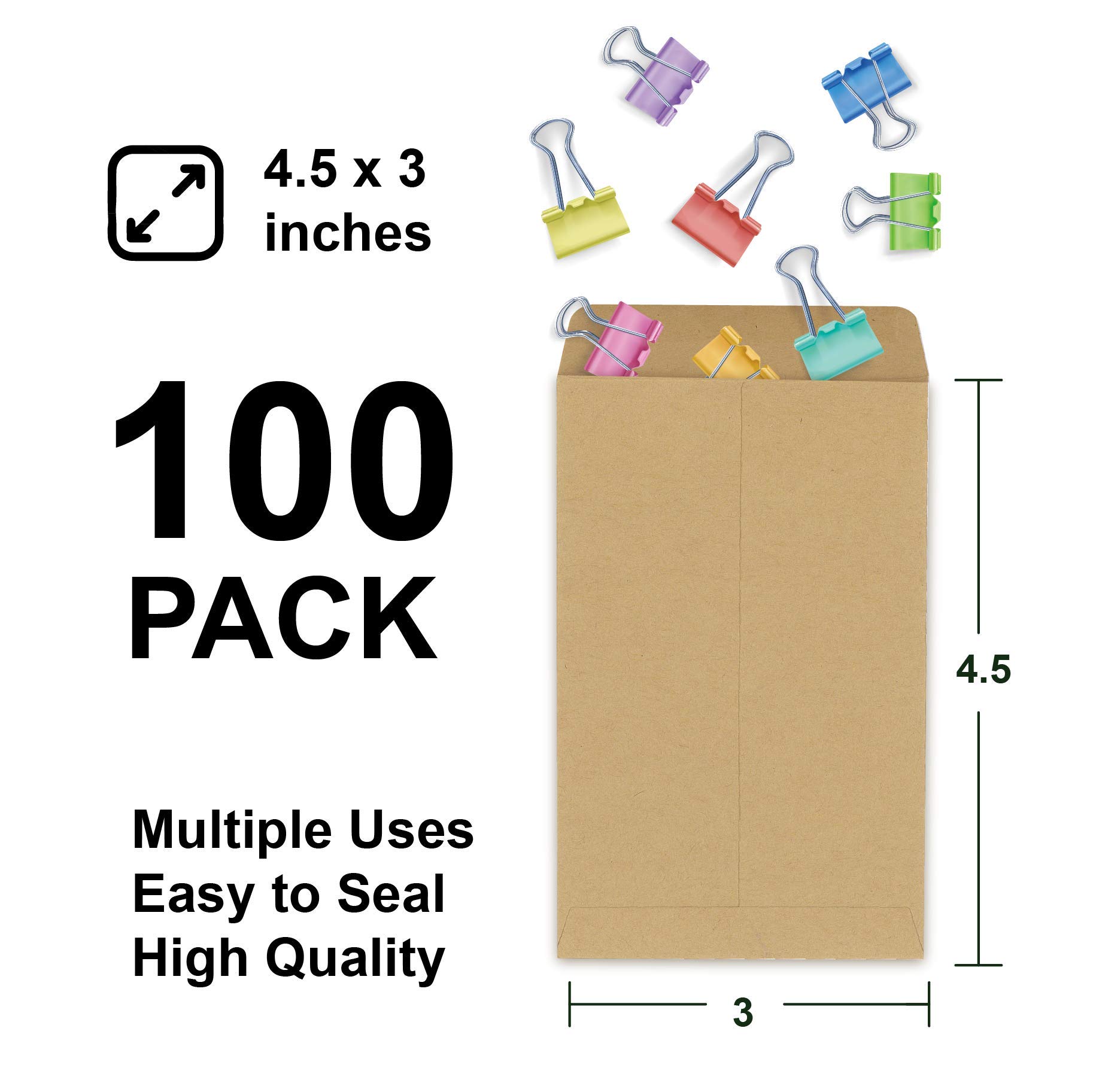100 Pack Kraft Coin Envelopes with Gummed Seal - 4.5 x 3 Inches Small Parts Storage for Collectibles, Cash, Seeds & Jewelry - Perfect for Organizing Coins, Stamps, Beads & Craft Supplies