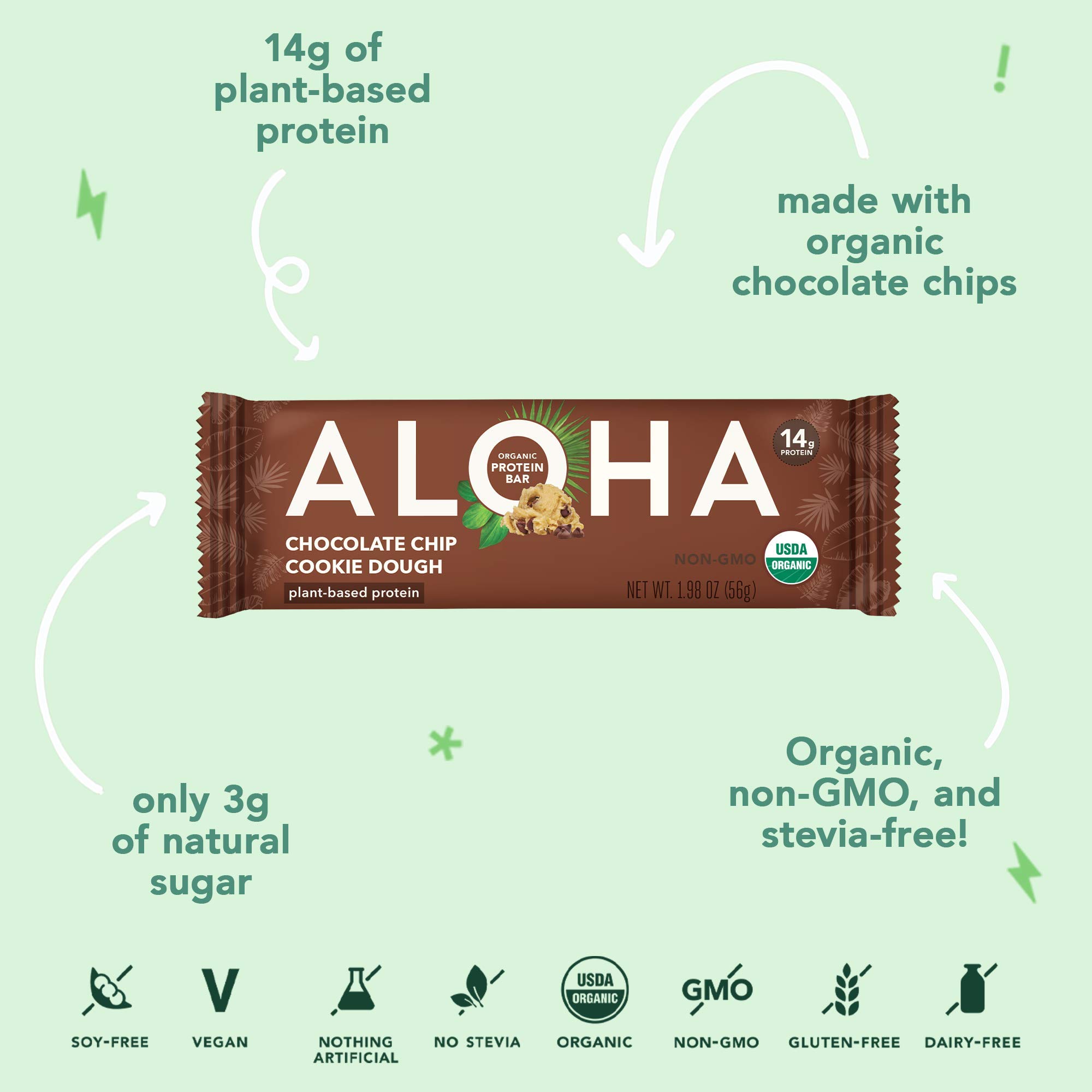 ALOHA Organic Plant-Based Protein Bar - Chocolate Chip Cookie Dough Flavor, 1.98 Oz (12 Pack) | Vegan, Gluten-Free, Non-GMO Snack for Workout Recovery, Healthy Breakfast & On-the-Go Energy
