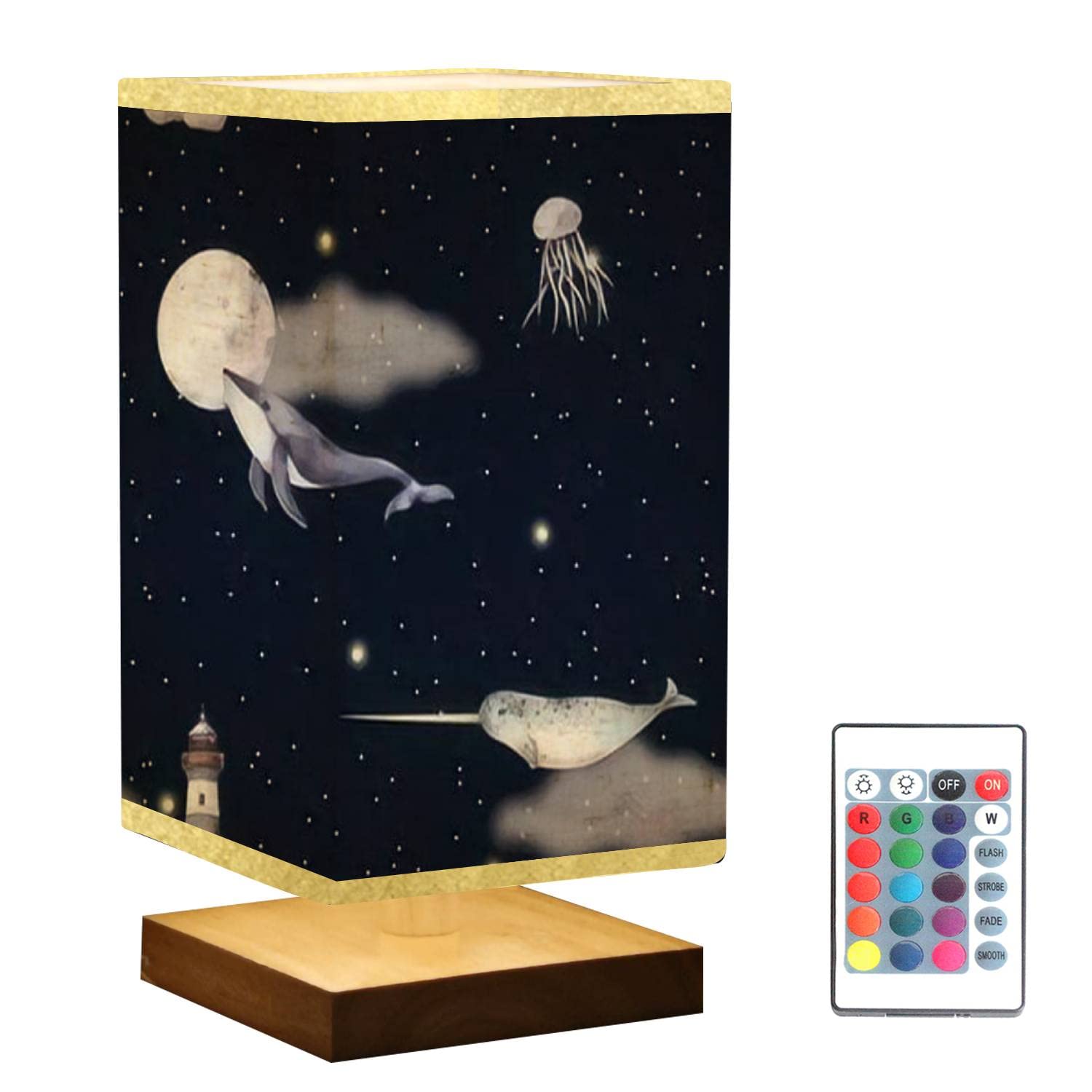 Dimmable Square Bedside Table Lamp with Watercolor Whale Moon Clouds & Narwhal Jellyfish Design - Wooden Base & Flaxen Fabric Shade - Perfect Nightstand Lamp for Bedroom, Living Room, Nursery & Office Decor