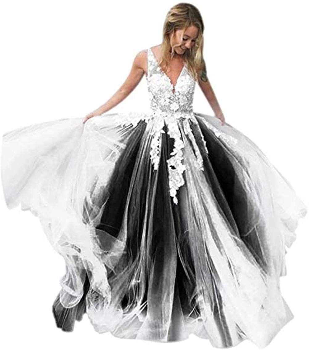 Elegant Yukale Women's V-Neck Tulle Appliques Long Evening Dress for Wedding, Prom, Gala & Special Occasions | Bridal Gown with Lace Details