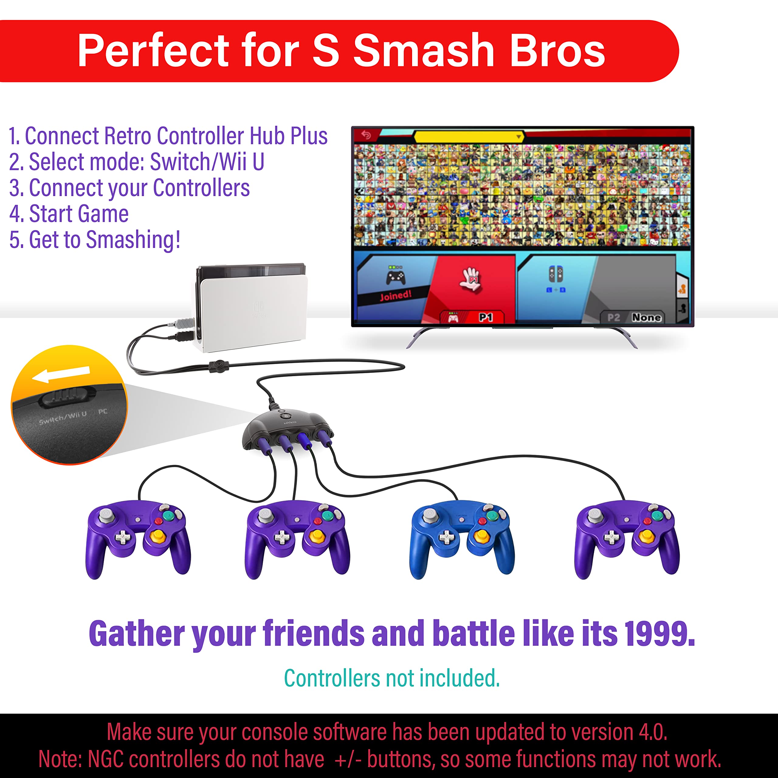 Nyko GameCube Controller Adapter - 4 Port for Nintendo Switch with Turbo Mode | Perfect for Smash Bros & Retro Gaming