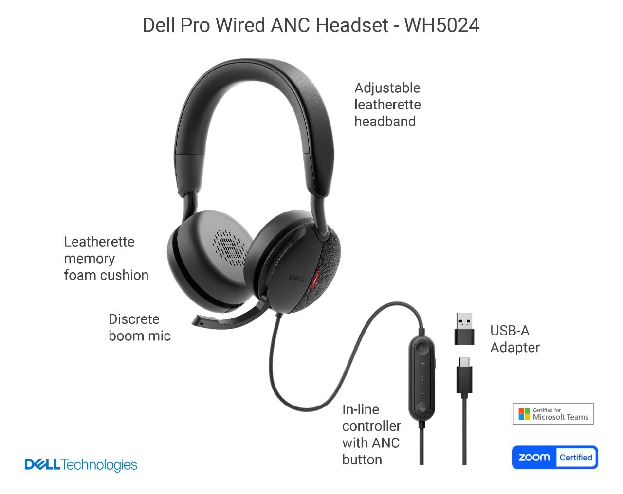 Dell Pro Wired ANC Headset WH5024 - Noise Cancelling Headphones with Microphone for Office, Call Center & Remote Work