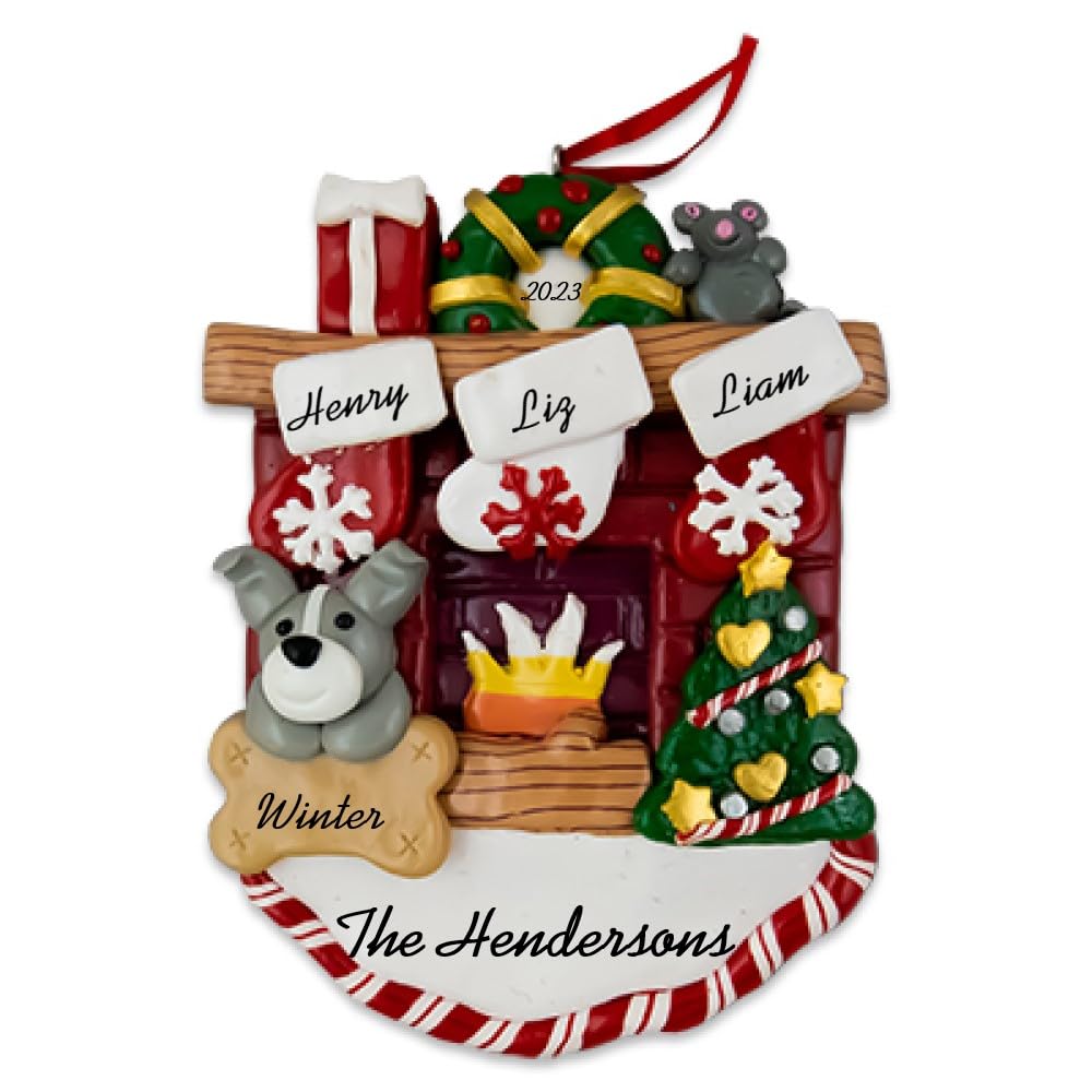 Personalized Fireplace Christmas Ornament for Families of 2-6 with Pitbull Dog - Custom Family Portrait with 3 Stockings - Perfect for Holiday Decor, Gift Giving & Pet Lovers