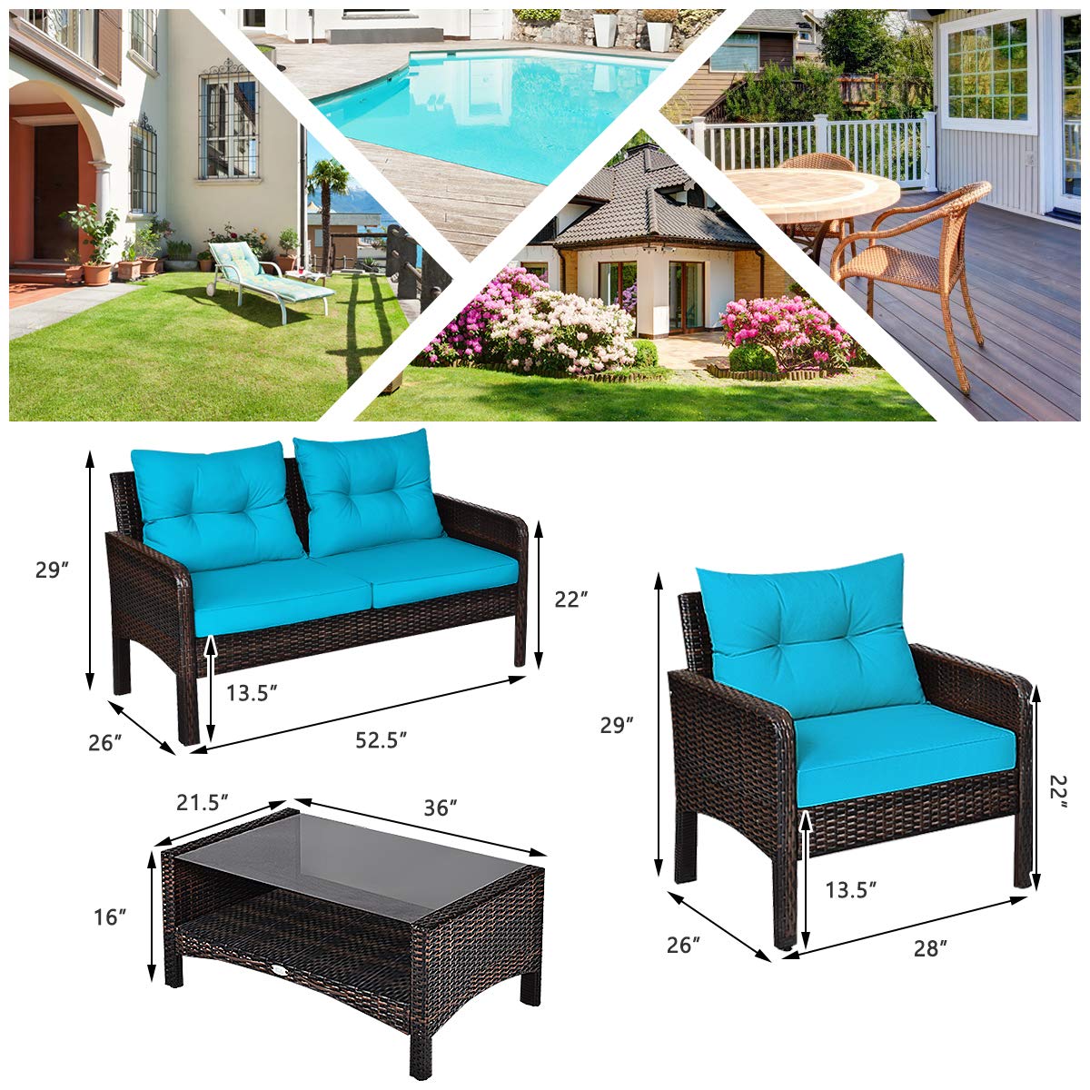 HappyGrill 4-Piece Outdoor Patio Furniture Set - Rattan Wicker Sectional Sofa with Coffee Table & Cushions - Perfect for Garden, Poolside, Backyard, and Balcony Relaxation