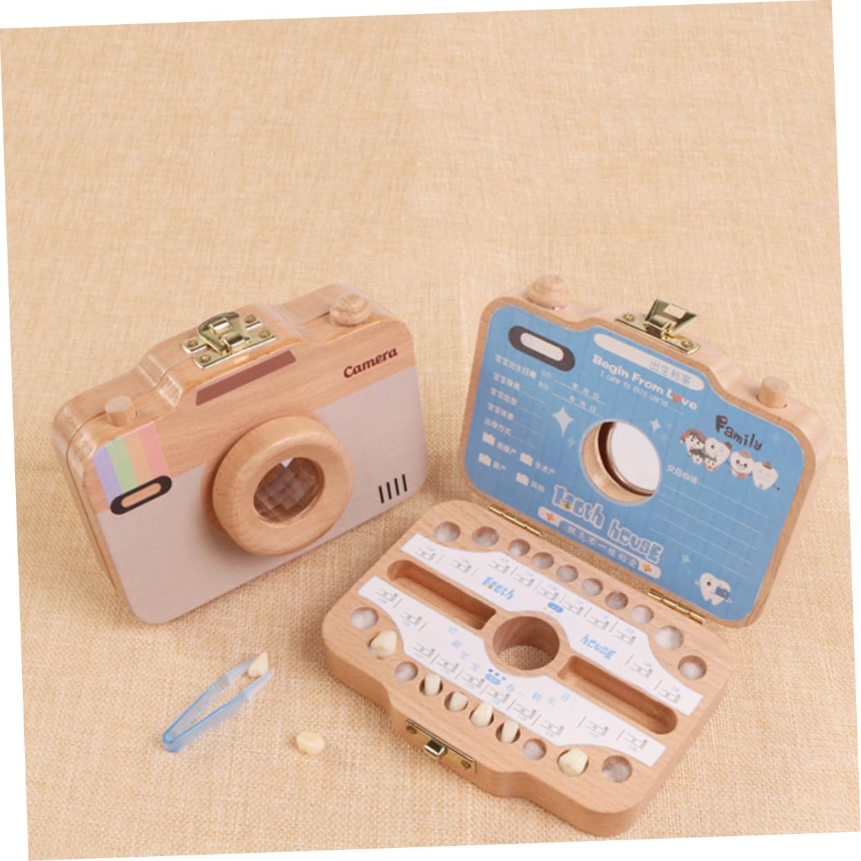 Creative Camera Design Wooden Baby Tooth Keepsake Box - Portable First Tooth Organizer with Note Space for Baby Teeth Storage | Perfect Baby Shower Gift & Milestone Memory Keeper