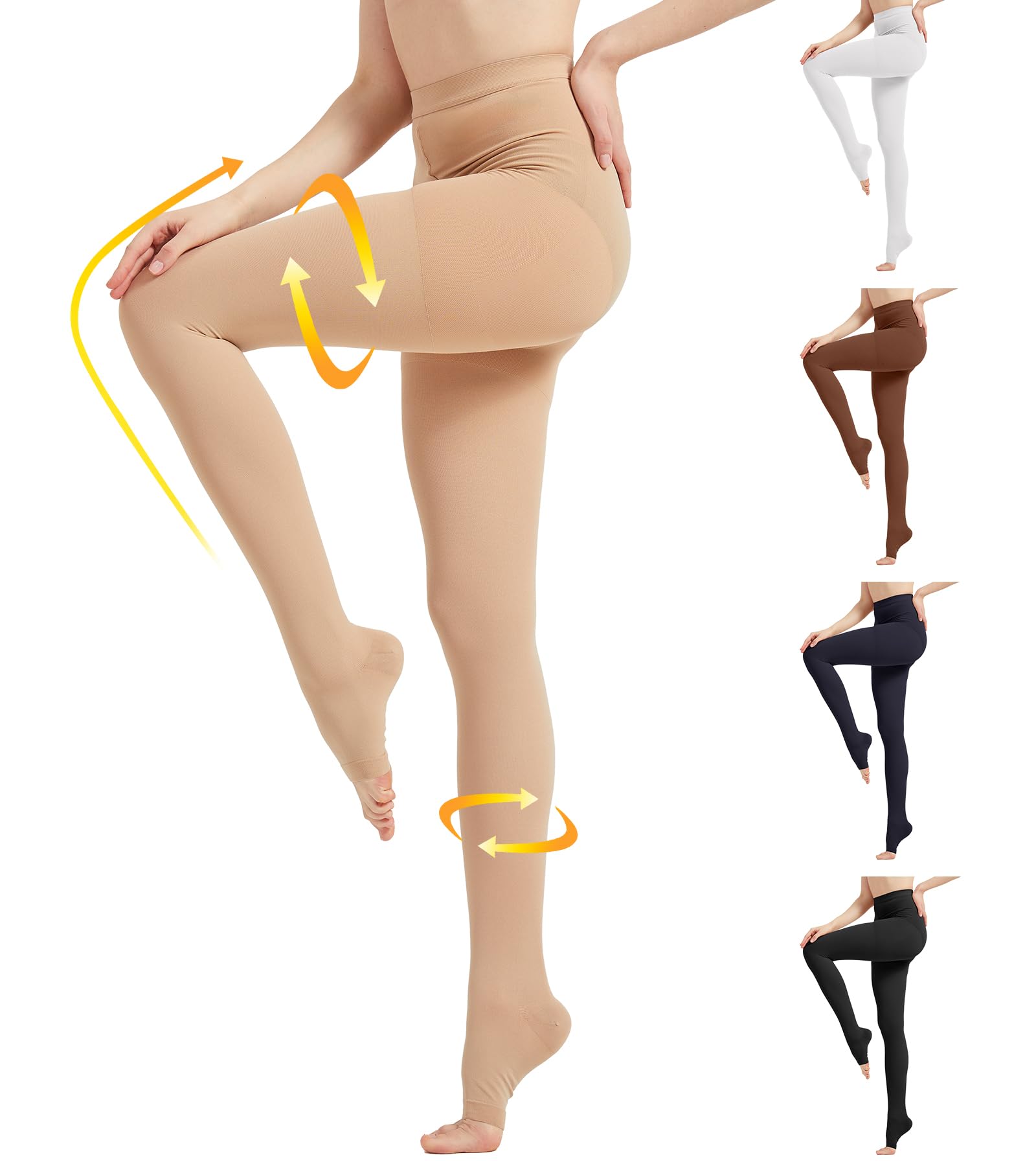 MGANG Medical Compression Pantyhose for Women & Men - 15-20mmHg Graduated Support Tights with Open Toe & Opaque Waist - Relief for Edema, Varicose Veins & DVT - Beige - Perfect for Travel, Pregnancy & Long Workdays