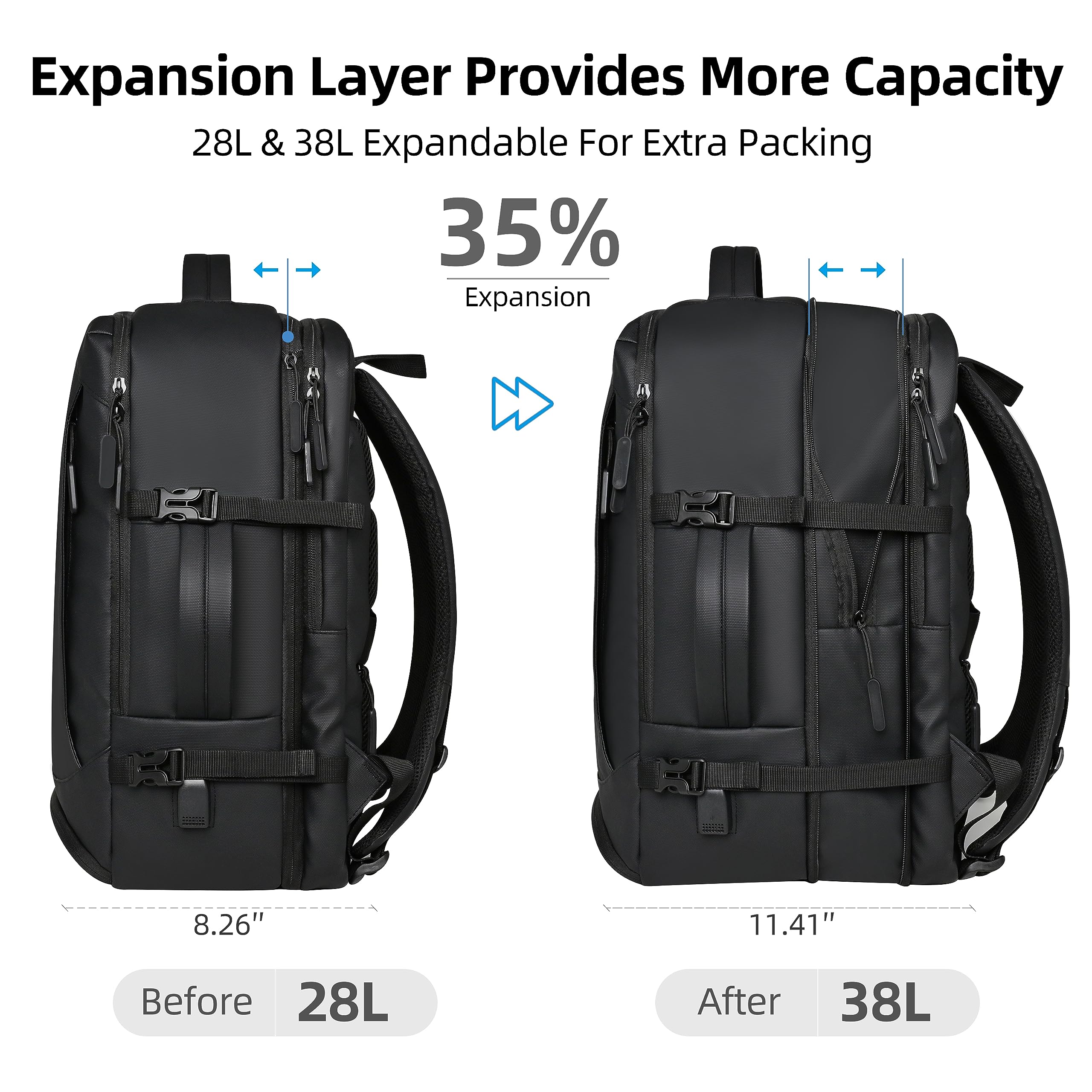 Expandable 38L Carry On Backpack for Men & Women - Waterproof Travel Backpack, Business Weekend Luggage Bag (Black) - Perfect for Air Travel, Commuting & Outdoor Adventures