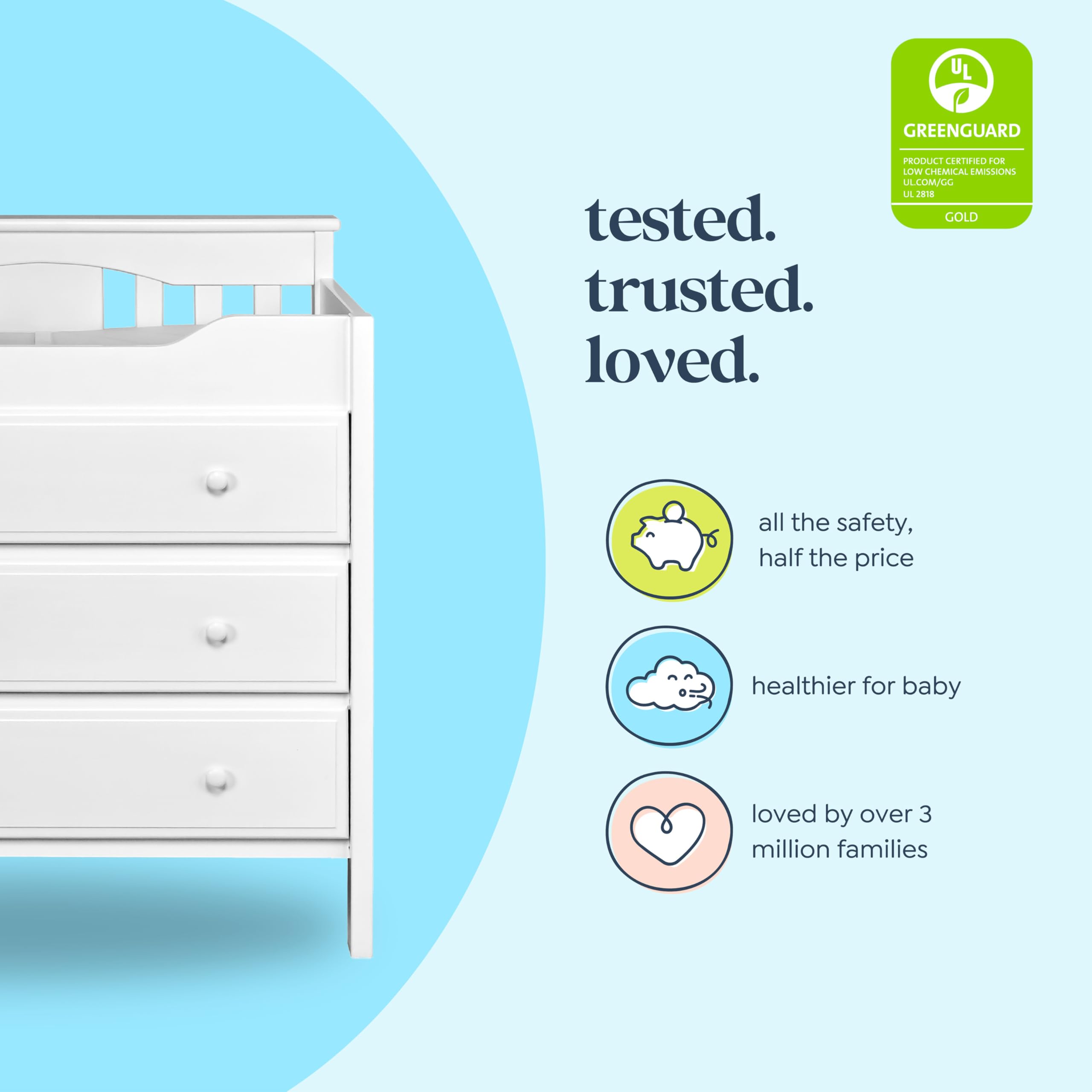 DaVinci Jayden 3-Drawer Baby Changing Dresser in White - Greenguard Gold Certified for Nursery, Bedroom & Kids Room Organization