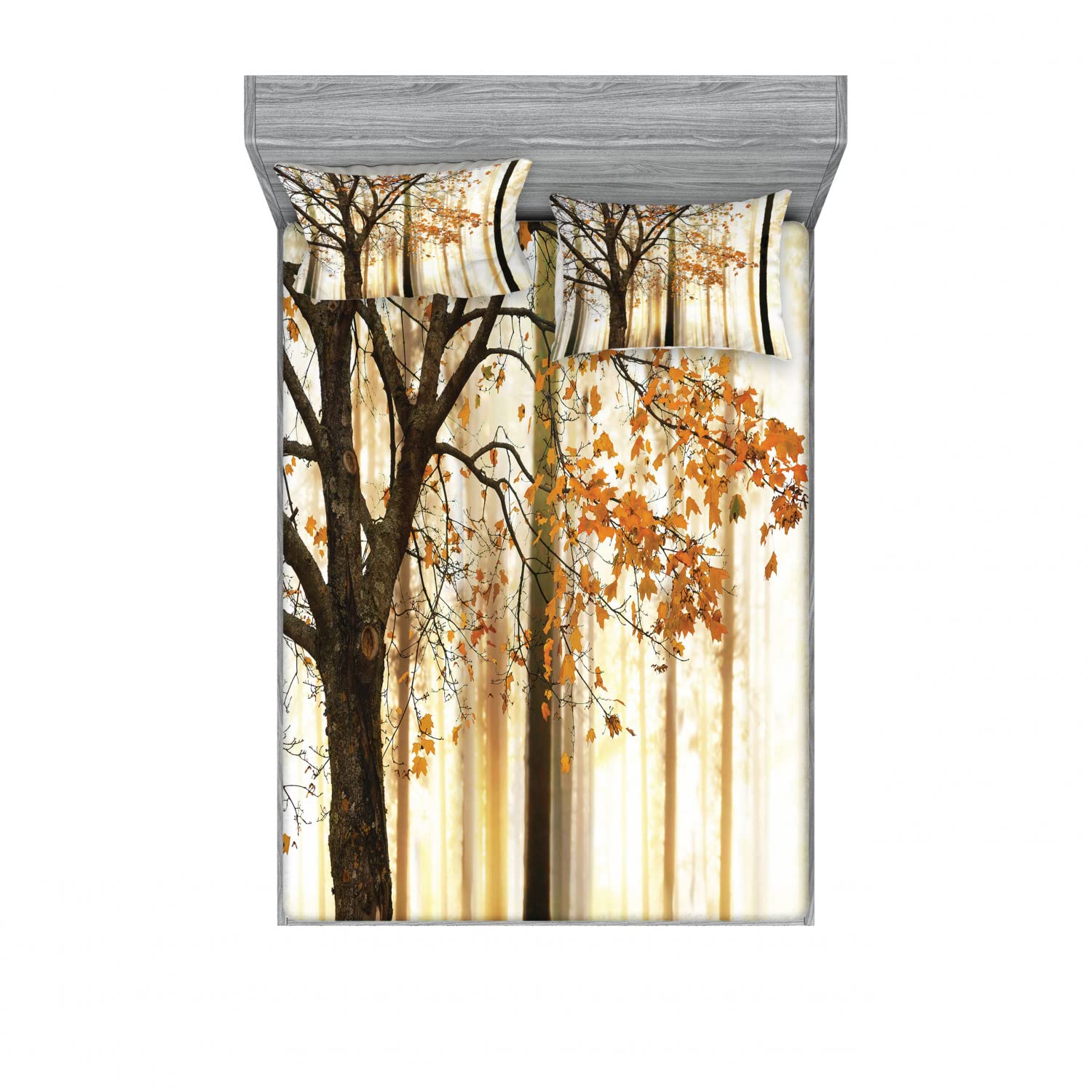 Ambesonne 4-Piece Autumn Tree Abstract Woods Bedding Set - 2 Queen Fitted Sheets & 4 Pillow Shams, Orange Brown Fall Decor for Cozy Seasonal Bedroom Makeover | Perfect for Thanksgiving, Halloween & Autumn Home Decor