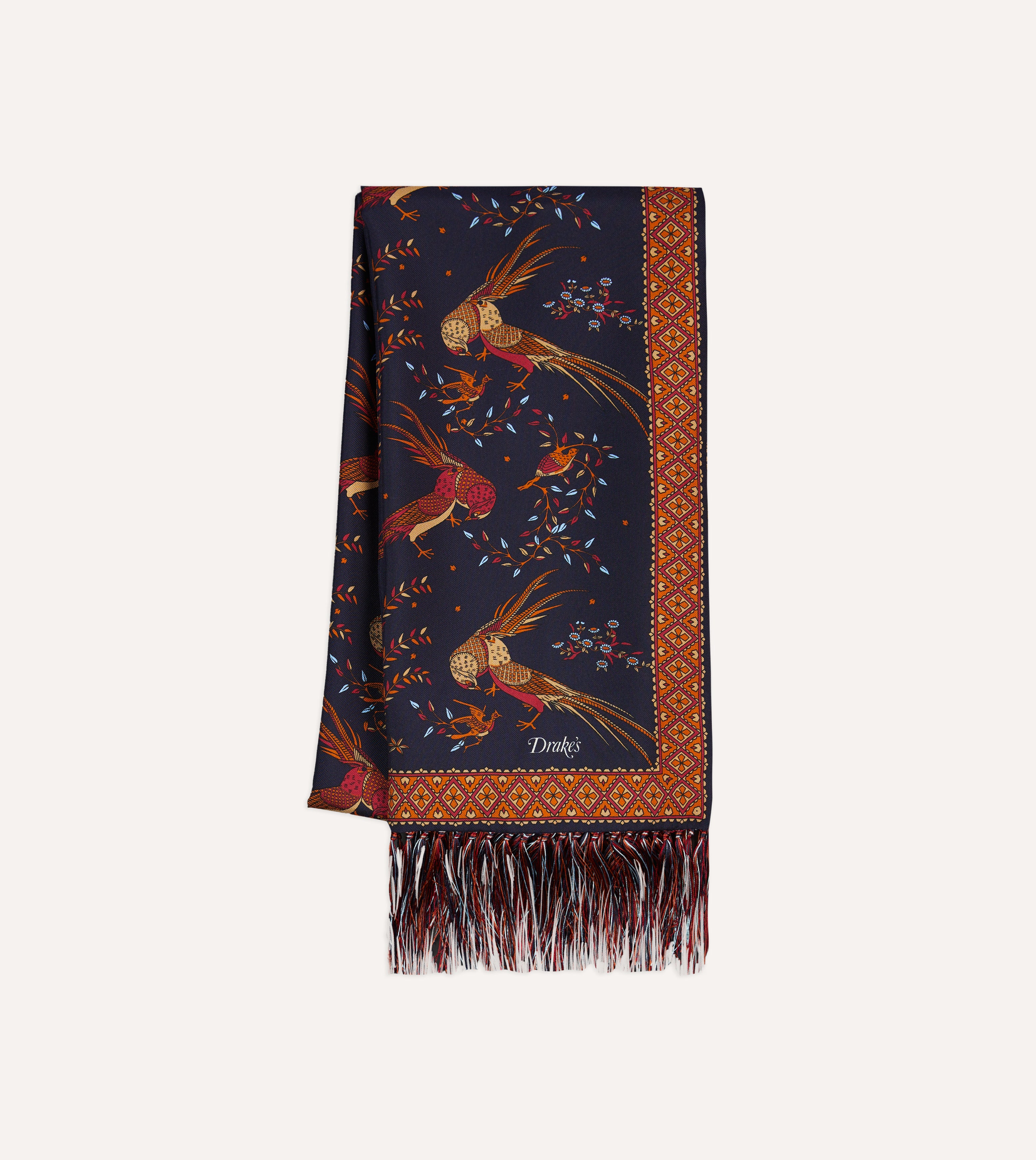Navy Blue Birds of Paradise Print Silk Scarf with Tassels - Elegant Fashion Accessory for Women, Perfect for Parties, Weddings & Special Occasions