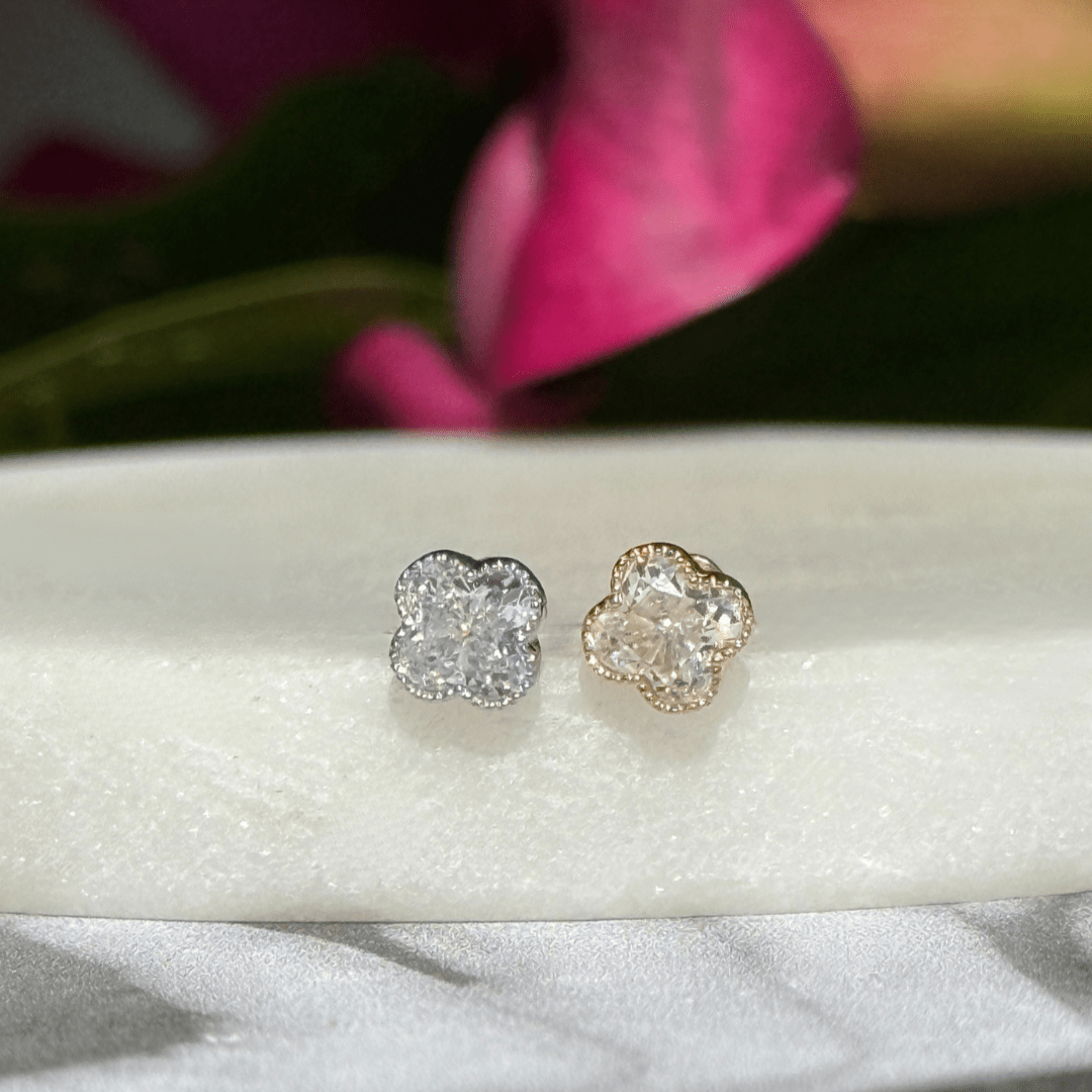 14K White Gold Diamond-Cut Beaded Clover Stud Earrings - Flat Back for Sensitive Ears | Perfect for Everyday Wear, Gifts & Special Occasions