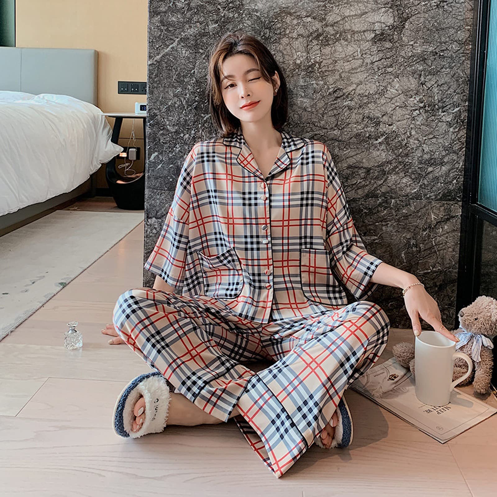 FMOGG Women's Spring Pajama Set - Soft Silk-Like Sleepwear with Stylish Letter Print, Comfortable Loungewear for Home, Nighttime Relaxation & Cozy Bedtime